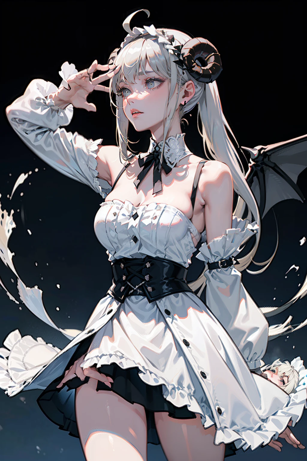 ((masterpiece, best quality)), (1girl), (solo), (female focus), (ahoge, ash blonde hair, long hair), green eyes, ((white shirt), (buttoned shirt)), ((black skirt), (short skirt)), standing, white background, arms behind back, (bat wings on the waist), (sheep horns), sad eyes, cold facial expression, cold look, pale skin, colour grading, dark illustration, extreme quality, radiant, extremely detailed, ultra-detailed face, ultra hd 8k, ultra digitality, mythical, dark lightning, sleepy eyes, detailed hands, fine details, ash blonde haired deity, grey-haired, girl with ash blonde hair, nier:automata inspired, nier : automata inspired, girls frontline cg, grey haired, ash blonde hair girl, perfect grey haired girl