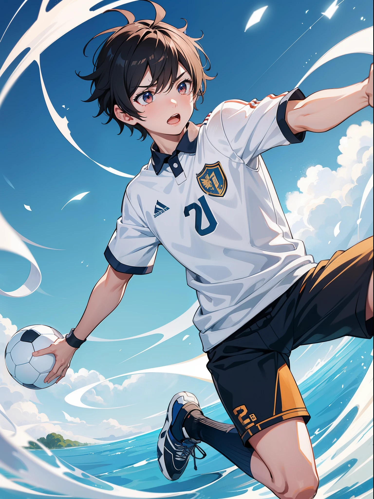 Produce a captivating anime artwork of a young male soccer player against a plain white backdrop. The boy should be portrayed in a striking and stylish manner, wearing a sleek soccer uniform that stands out. The image should convey a sense of motion and excitement, with the boy shown dribbling the ball skillfully. Pay attention to the details, such as the boy's determined expression and the intricate rendering of the soccer ball, to create a visually compelling image that captures the essence of anime aesthetics.