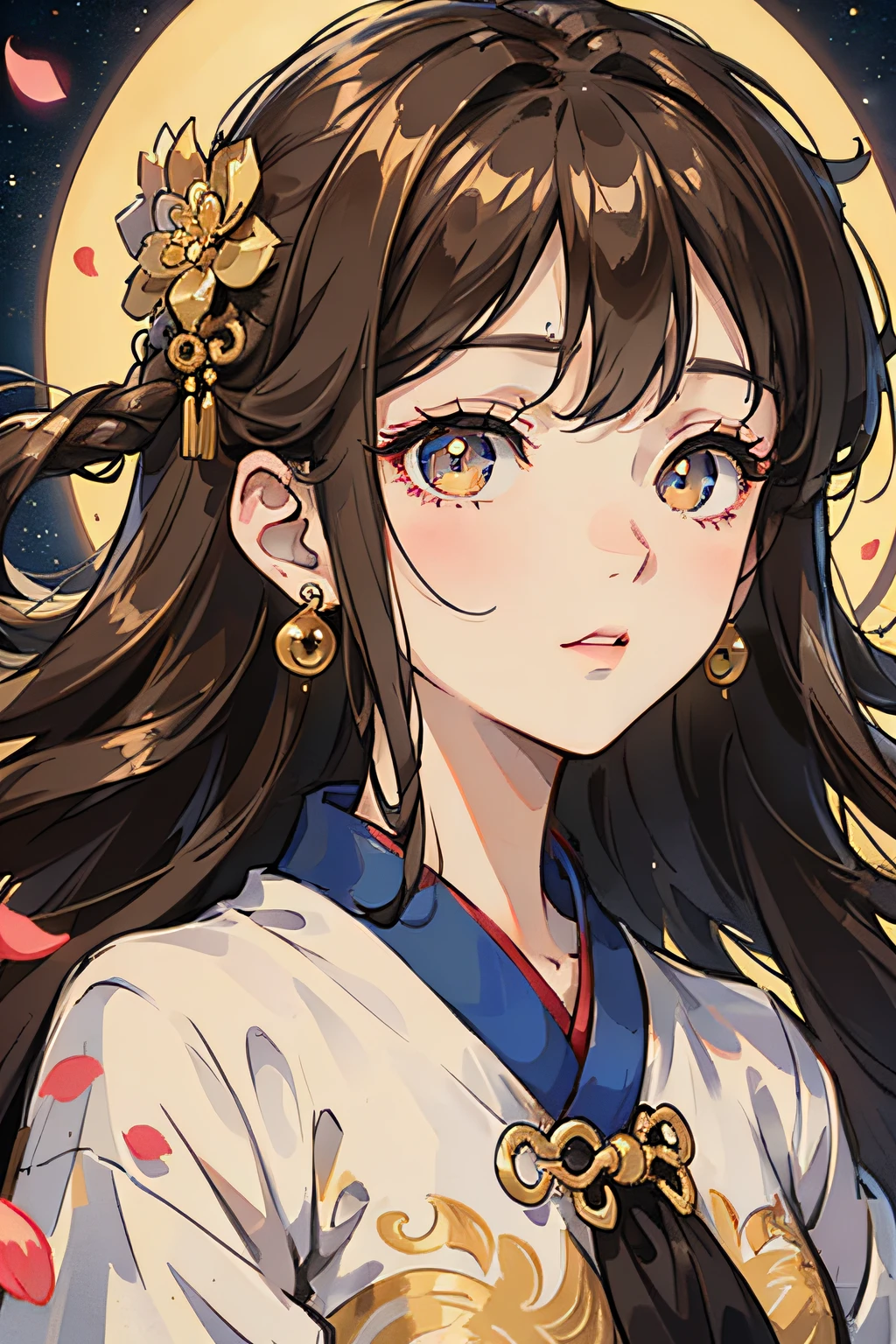 Mature girl , brown hair, floating hair, golden eyes, golden eyes, delicate and smart eyes, starry pupils, intricate damask hanfu, gorgeous accessories, wearing pearl earrings, FOV, f1.8, masterpiece, complex scene, flower petals flying, front portrait shot, Chang'e