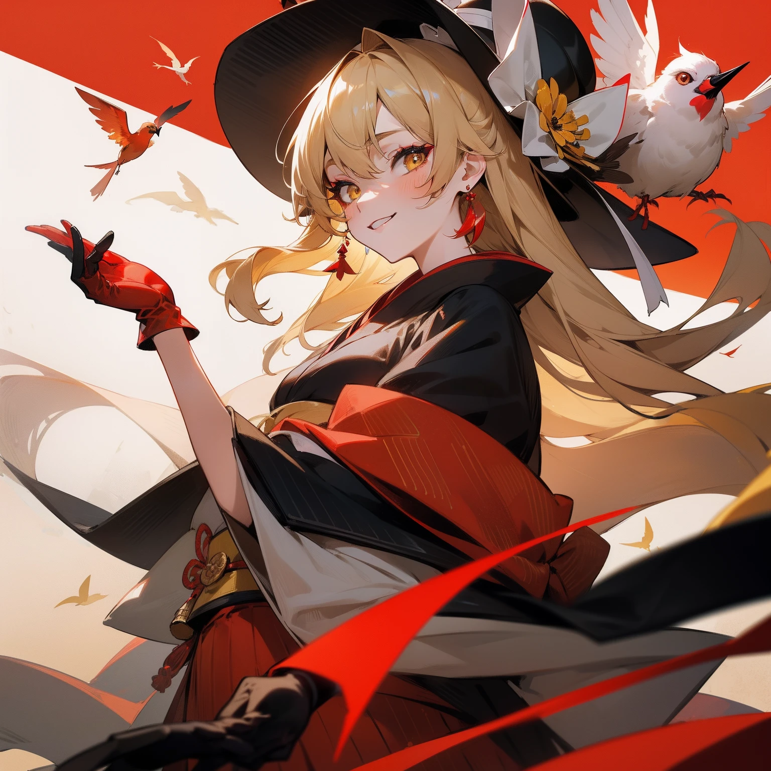 A person in a geisha costume holding a bird on a red background, one girl, Marisa Kirisame, hat, gloves, Japanese clothes, solo, blonde, earrings, jewelry, bird, kimono, long hair, black gloves, beret, smile , obi, obi, stripes, look at viewer, makeup, bangs, yellow eyes, hat flower