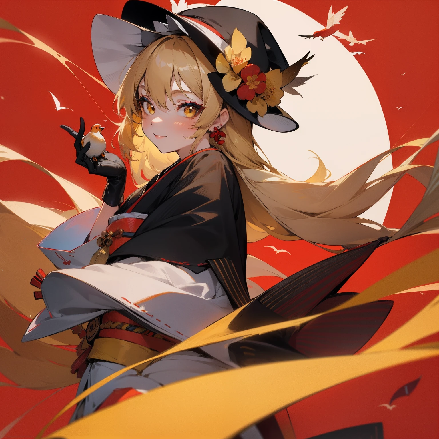 A person in a geisha costume holding a bird on a red background, one girl, Marisa Kirisame, hat, gloves, Japanese clothes, solo, blonde, earrings, jewelry, bird, kimono, long hair, black gloves, beret, smile , obi, obi, stripes, look at viewer, makeup, bangs, yellow eyes, hat flower