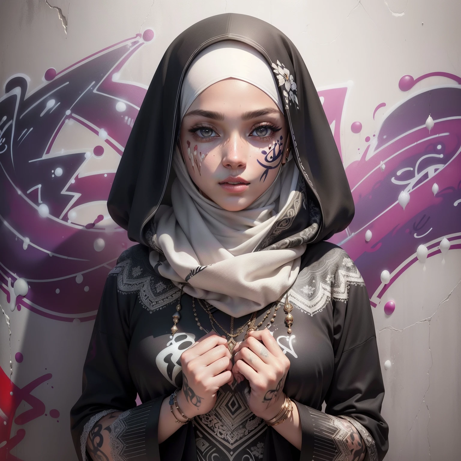 (8k, 4k, top quality, high resolution:1.2), (masterpiece, realistic, photo realistic:1.37), 1girl, solo, pretty face, eyelashes, nose, glossy lips, (detailed eyes, looking at viewer, fair skin, white skin: 1.5), smooth skin, wearing hijab, 8k portrait of beauty in hijab, intricate, graceful, highly detailed, majestic, digital photography, hyper realistic, Masterpiece, Best Quality, (graffiti:1.5), paint splatter, Hands Behind Back, On wall, looking at viewer, Bracelets, Body paint, head slanted, Iris grey, 8K resolution, intricate dress, intricate detail, Hood, muslim clothing style, All parts of the body except the face and hands are covered with clothing, Tudung, ((do not let the hair come out of the hijab)), full hijab, ((all parts of the body covered by clothes except the face))