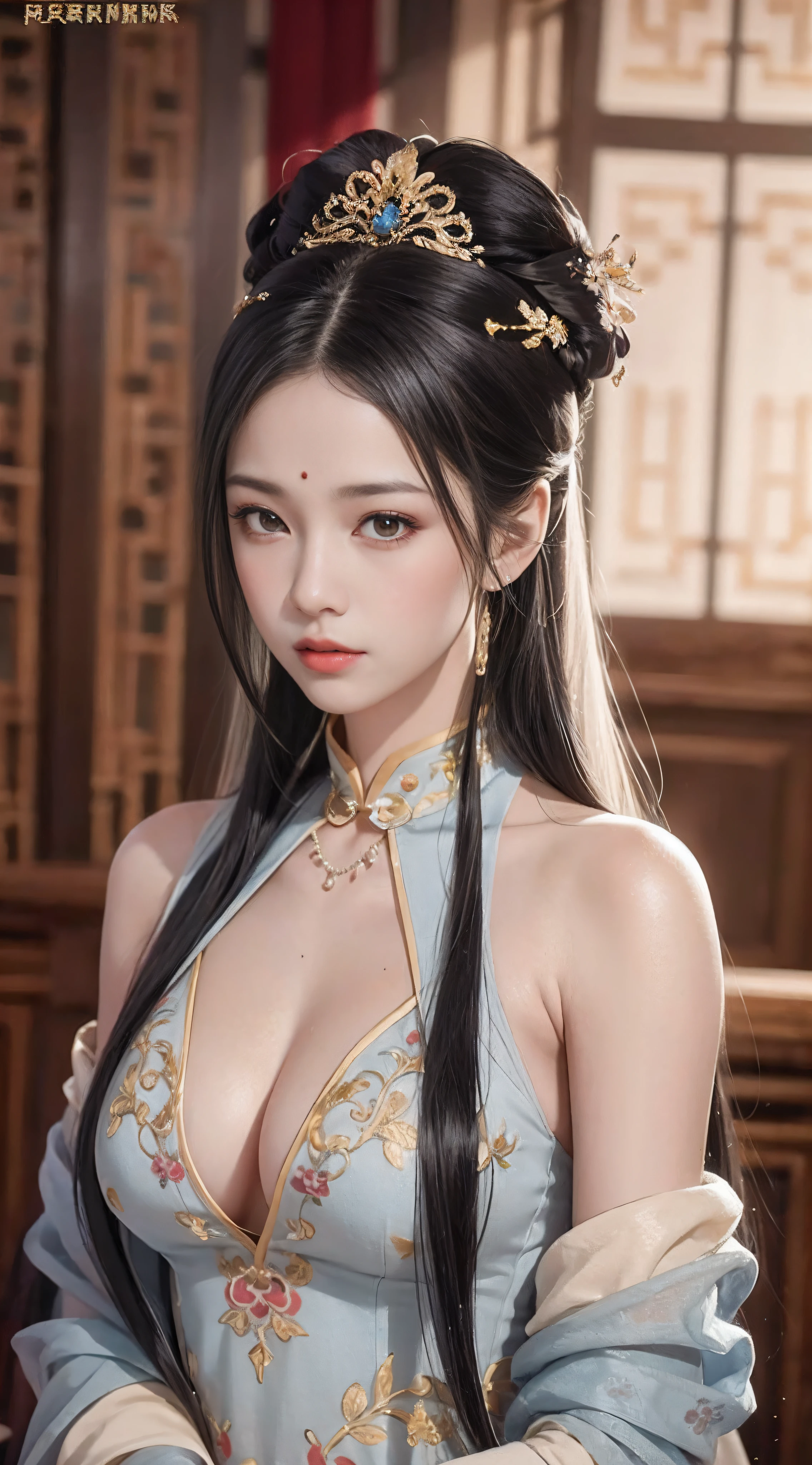 （From the outside） （shiny skins）， many color，Best quality at best，tmasterpiece，photograph of-realistic，Complicated details，RAW photogr，Court，Gorgeous cheongsam，Gray hair，Extra-long hair，cropped shoulders，delicated face，Expose cleavage，decorations