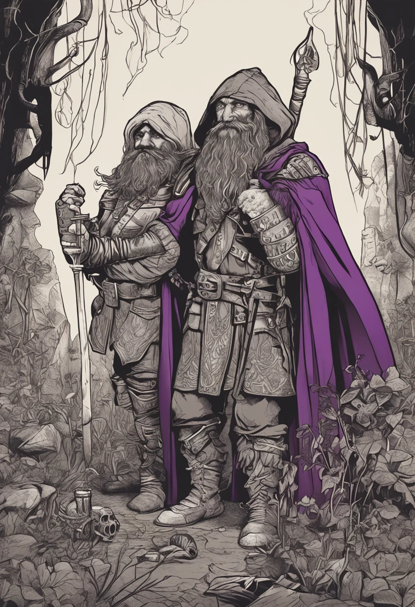 Dois protagonistas, the dwarf holding two daggers and hooded in a dark suit, a gnome with lute and purple clothing, ambos em cima de uma montanha, cercado por mulheres seminuas bebendo cerveja