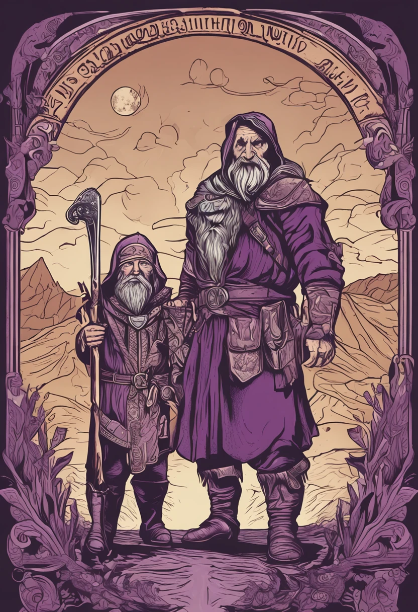 Dois protagonistas, the dwarf holding two daggers and hooded in a dark suit, a gnome with lute and purple clothing, ambos em cima de uma montanha, cercado por mulheres seminuas bebendo cerveja