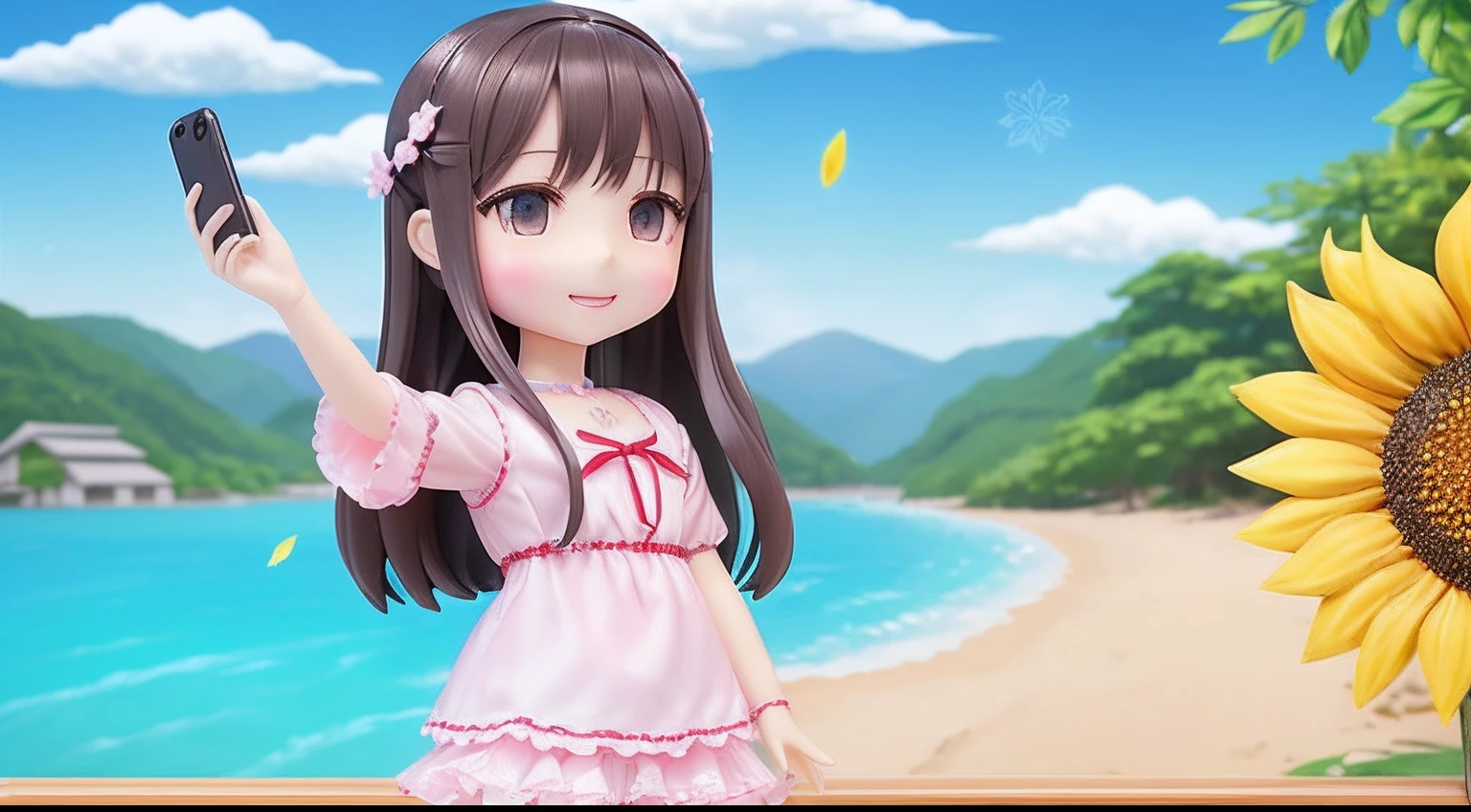 Photo realistic、Doll standing in front of the painting(Nendoroid)、頬にWater Drop、Joyful singing voice、in the rain、Close one eye、Watercolor Nendoroid、(High definition figure)、Flowing iridescent silk、Close-up of face、Eyes up、Bikini Swimwear(Floral)、There are flowers in front of the Nendoroid、petal、Water Drop、season!!: summer☀ 🍂