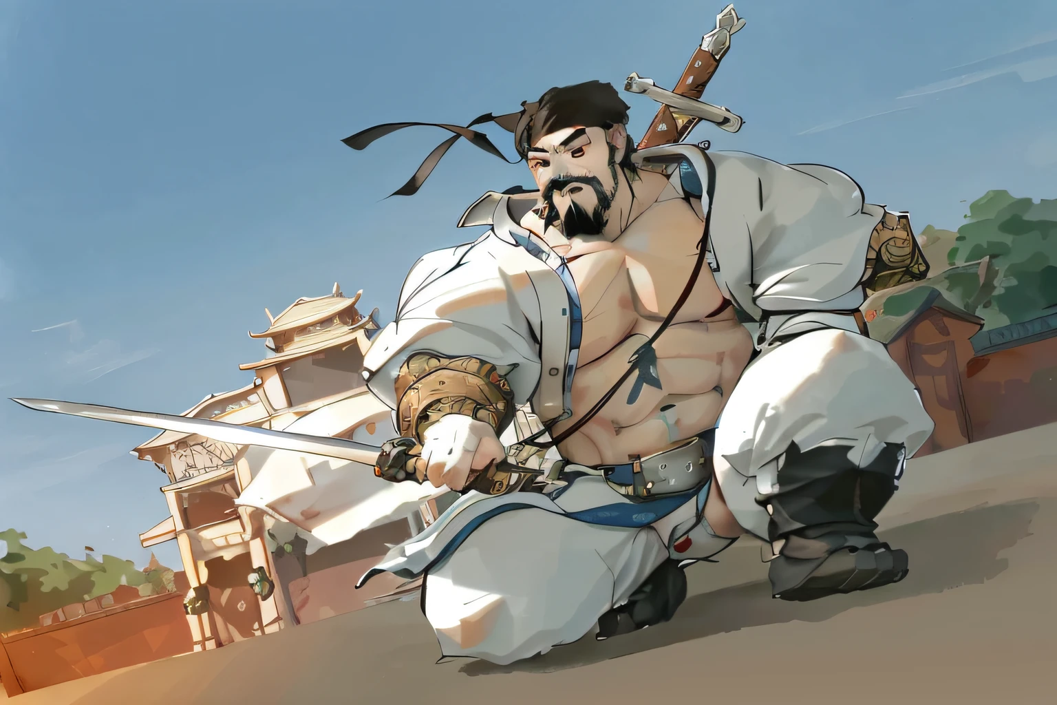 Anime characters kneel with swords and helmets, fighting game character, Ryu in Street Fighter, G Liulian art style, 《overwatch》Hanzo in Naka, traditional japanese concept art, heavy weapons guy, Chinese Warrior, inspired by Zhao Mengfu, Badass anime 8 K, Guviz-style artwork, Feng Zhu concept art