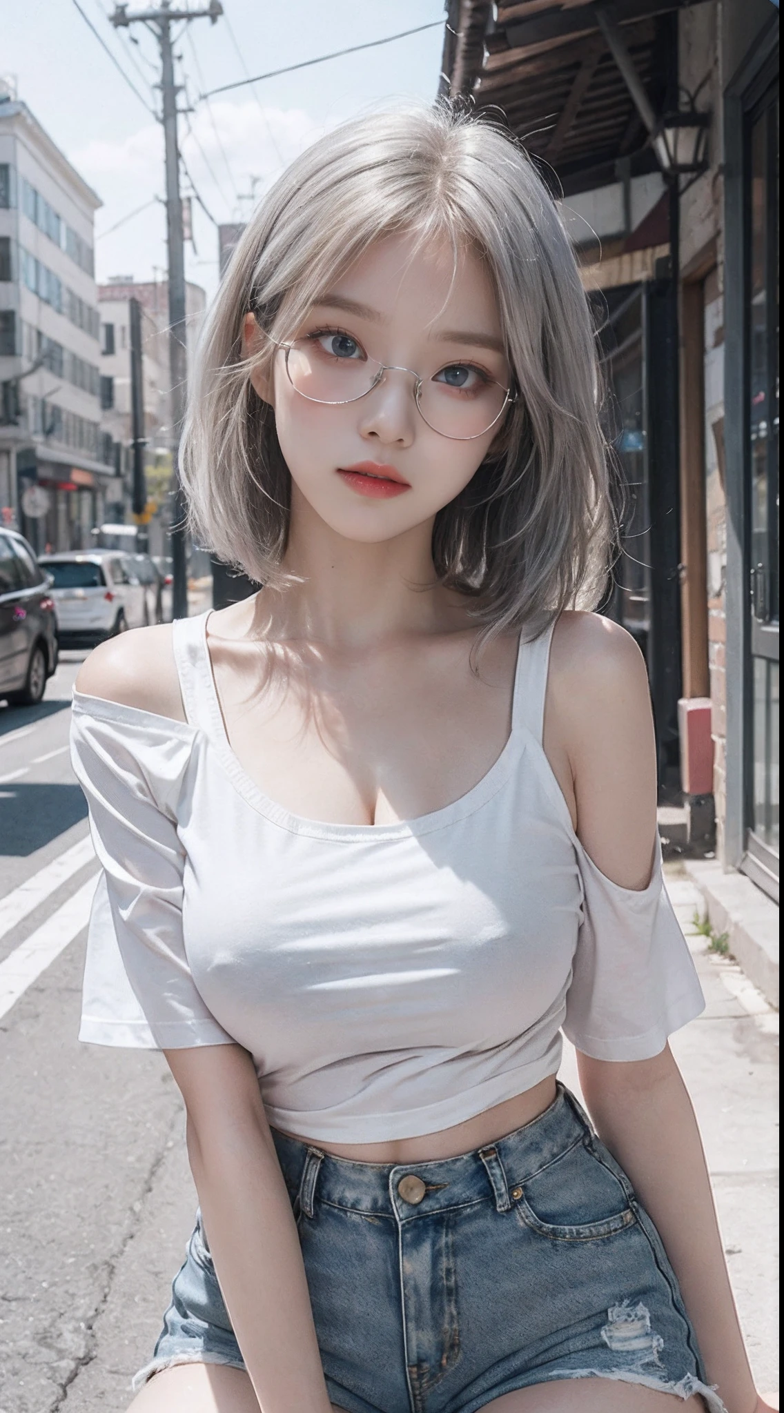 Top image quality、Raw photography、超A high resolution、18-year-old Korean、Glasses beauty、Colossal tits:1.5、cleavage of the breast:1.5、fair white skin、shiny white skin、(short bobbed hair)、((bright silver hair、bright white hair))、Beautiful eyes with random colors、very thin lips、beautiful eyes finely detailed、elongated eyes、pale pink blush、long eyeslashes、Beautiful double eyelids、eyeshadows、耳Nipple Ring、(Fashionable glasses、white tee、denim short pants、Beautiful legs、Attractive thighs)、street snap、caps、Emphasis on the thighs、Exposed shoulders