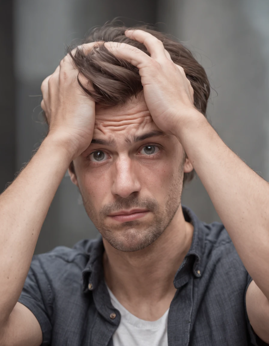 extremely nervous man pulling his hair with his hands desperately wide eyes shocked expression on his face