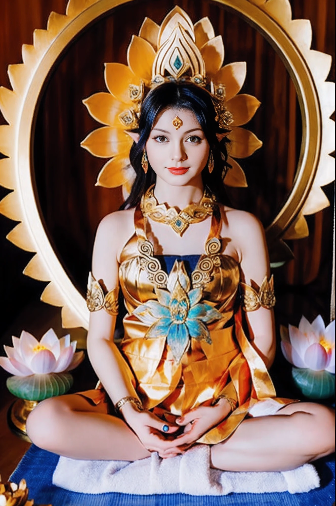 Naked tantric female bodhisattva sitting on a lotus pedestal meditates，（Yoga lotus sitting）,（Perfect delicate and good-looking face）,