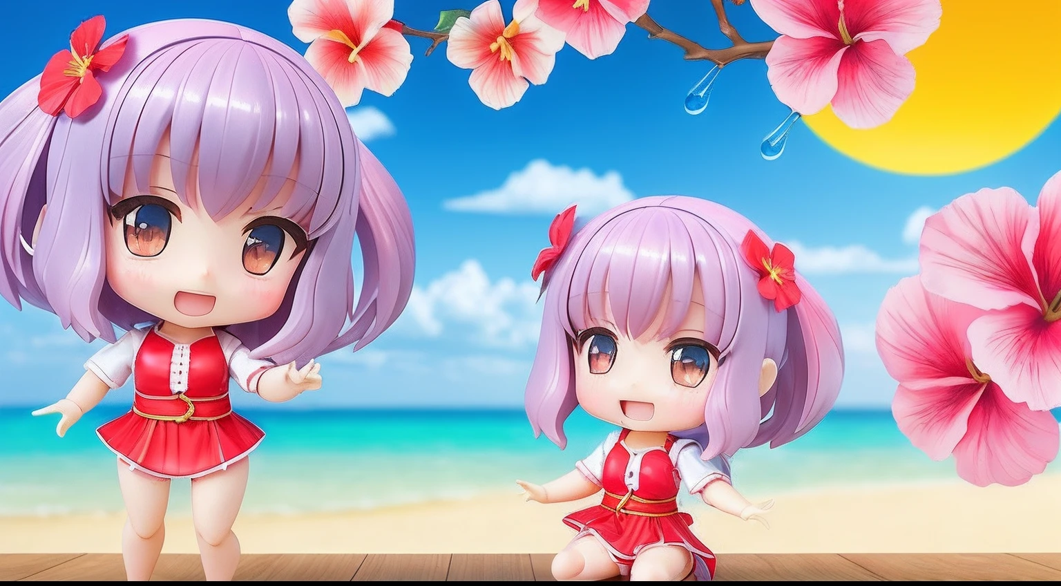 photoRealstic、Top Text Says "Code Angel"、Doll standing in front of the painting、swim wears、laugh face、Water droplets on the cheeks、Selfie Pose、spreading arms widely、、Sengai、pixiv、rokoko、dollfie dream、watercolor Nendoroid、(High Definition Figure)、Flowing red silk、nendroid、bustup、Hibiscus petals、season!!: 夏☀ 🍂 ハイビスカス