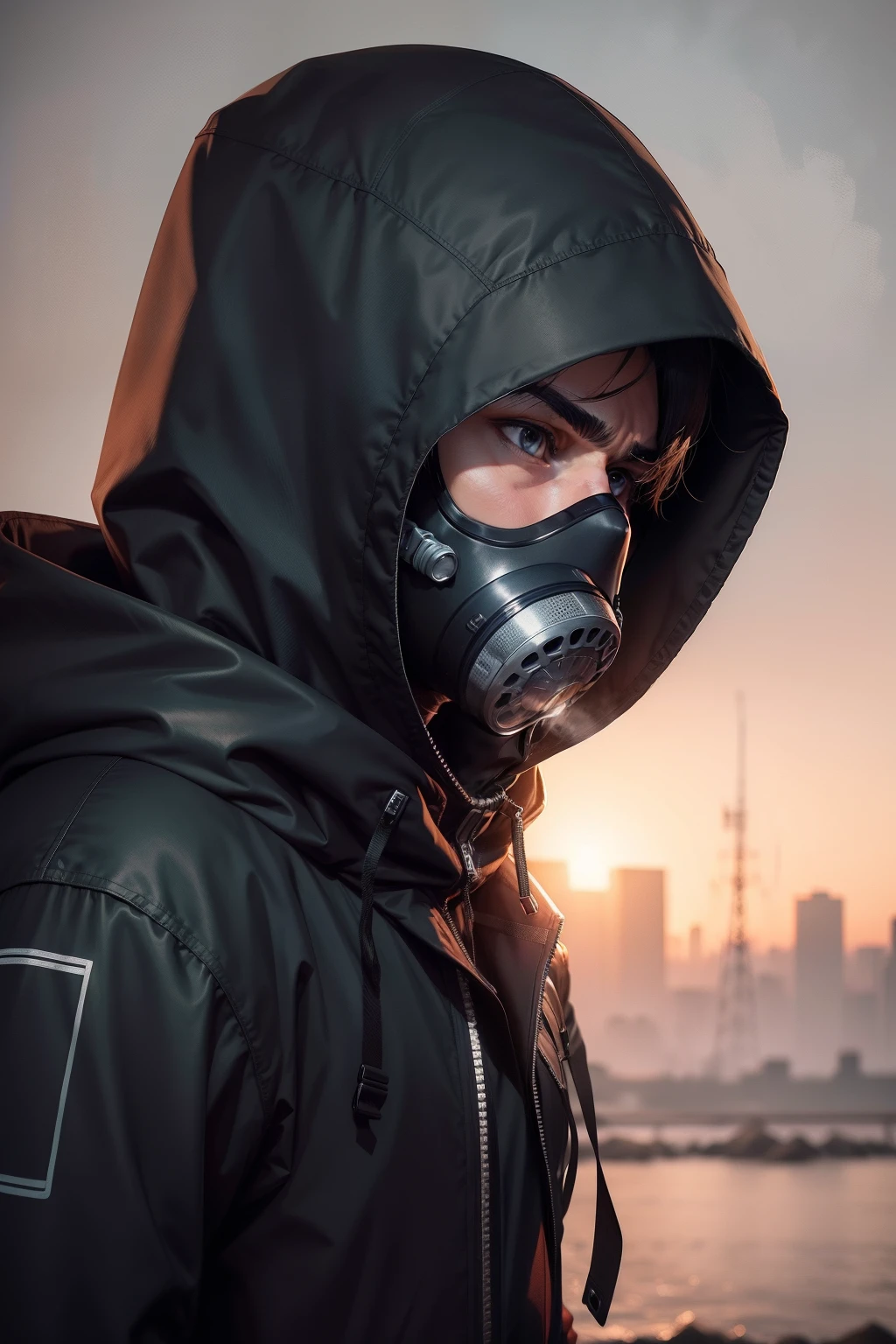 Man in a gas mask，Wear clothes with a hood，Wearing a hood，sideface，8K anime，head portrait，handsome，