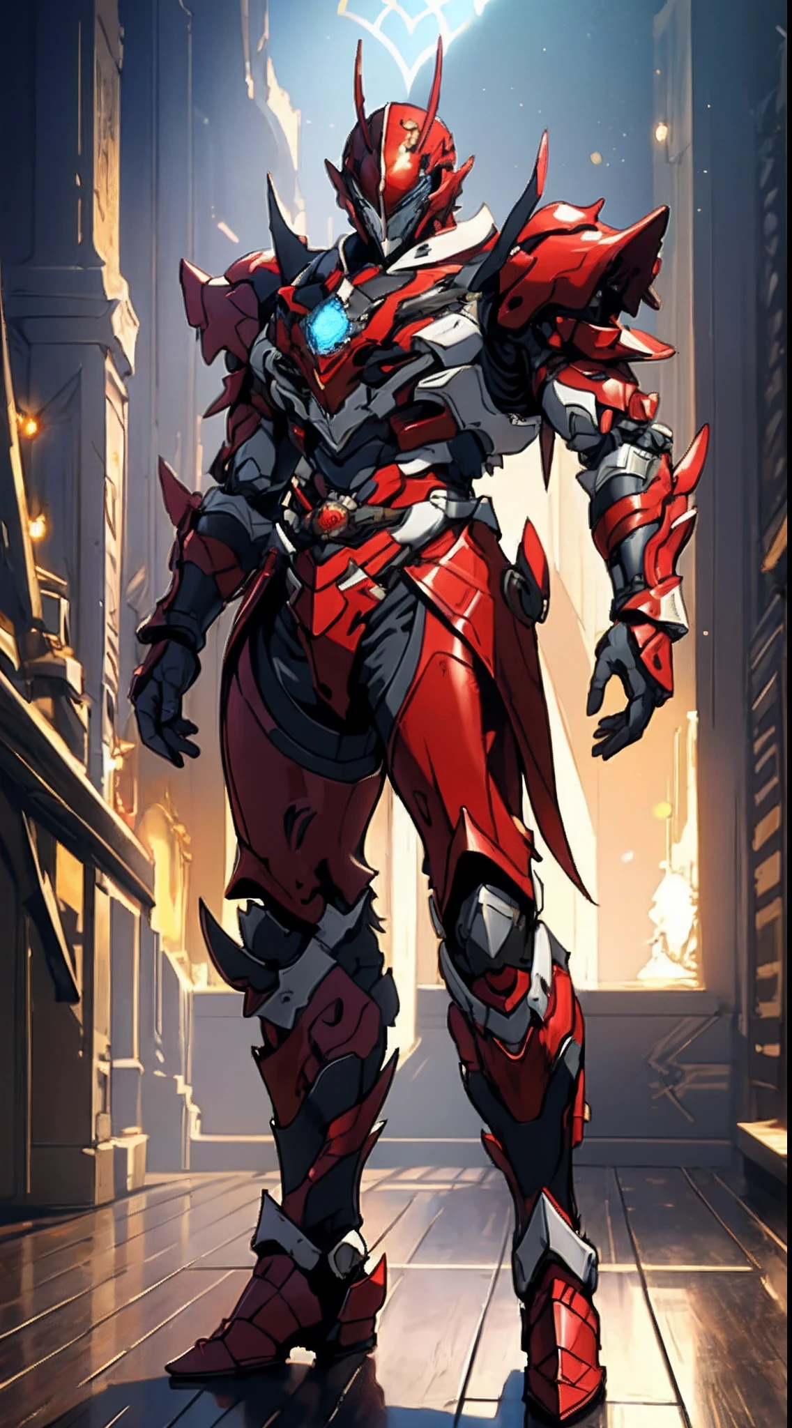 A man wearing a full-face helmet that covers most of his face, adorned in a biomimetic fantasy-style armor, the predominant black color is accented with red textures in the design this character embodies a finely crafted fantasy-style armored warrior design in anime, ((character concept art)), full body character drawing, high definition, best quality, ultra-detailed, extremely delicate, anatomically correct, symmetrical face, extremely detailed eyes and face, high quality eyes, creativity, RAW photo, UHD, 16k, (Natural light, cinematic lighting, masterpiece:1.5)