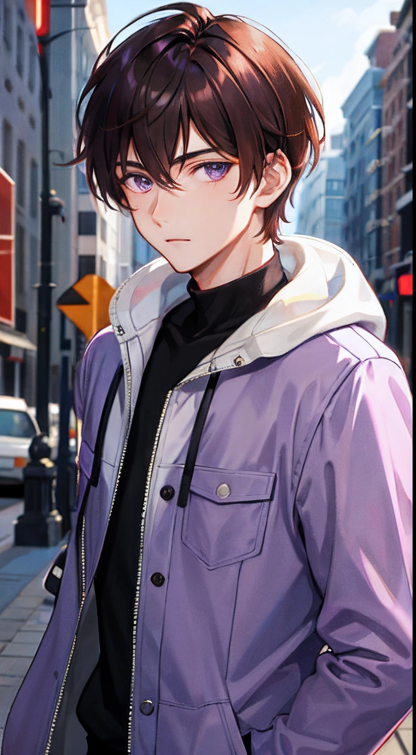 1 boy, handsome boy, brown hair, short hair, hair between eyes, street style,, shiny, purple eyes, looking at viewer, upper body, megazine cover
