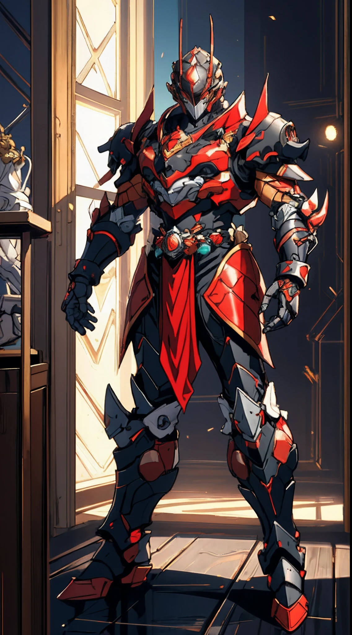 A man wearing a full-face helmet that covers most of his face, adorned in a biomimetic fantasy-style armor, the predominant black color is accented with red textures in the design this character embodies a finely crafted fantasy-style armored warrior design in anime, ((character concept art)), full body character drawing, high definition, best quality, ultra-detailed, extremely delicate, anatomically correct, symmetrical face, extremely detailed eyes and face, high quality eyes, creativity, RAW photo, UHD, 16k, (Natural light, cinematic lighting, masterpiece:1.5)