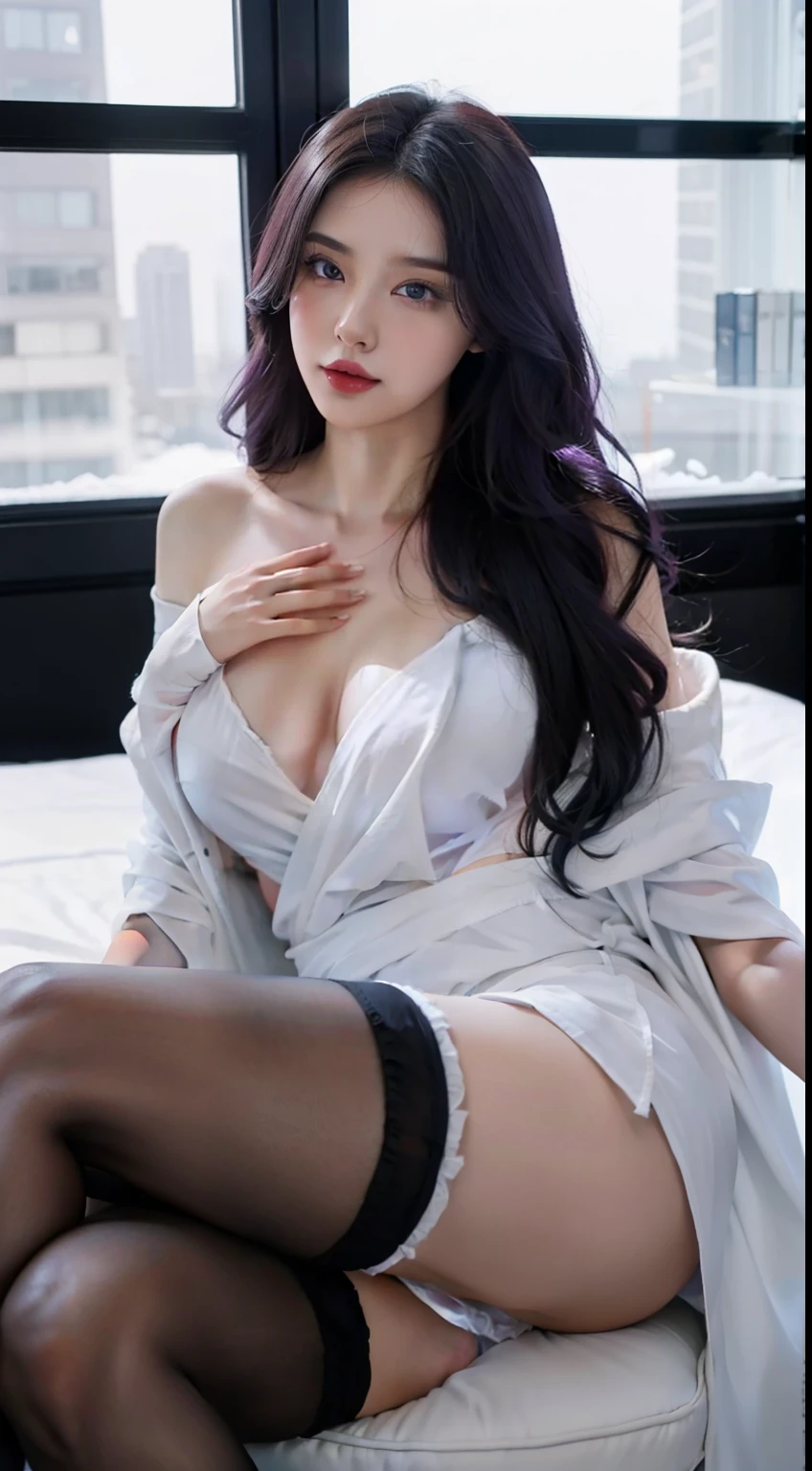 1 European and American beauties: Royal Sister,Beauty model,Penetrating white gauze garment(Short to the waist),Wrapped in a mixed black and white papal robe,Black wrapped hip skirt,Hot and sexy body,Long flowing hair,Wear black stockings,Thin limbs,Snow-white skin,There is light in the eyes,Melon seed face,Flaming red lips,Make provocative seductive gestures,curlies,Sit in an office chair,Purple hair big breasts,Seductive and captivating,Blue pupil,domineering side leak,二重まぶた