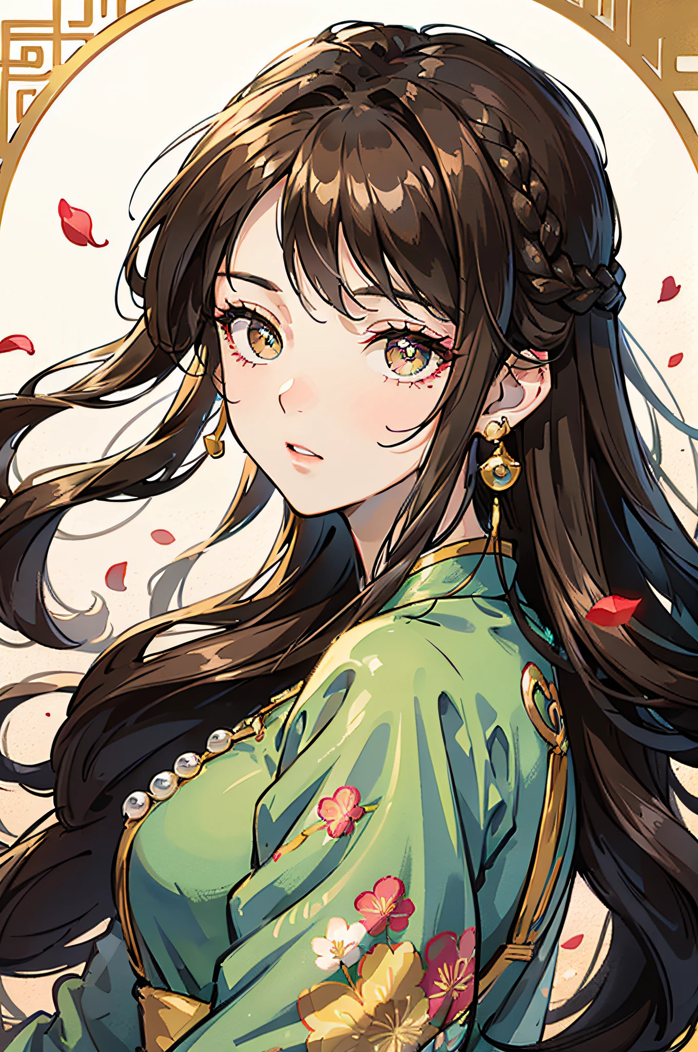 Mature girl , long dark brown hair, long dark brown hair, braid on the left side of hair, floating hair, golden eyes, golden eyes, delicate and smart eyes, starry pupils, intricate damask hanfu, gorgeous accessories, wearing pearl earrings, FOV, f1.8, masterpiece, complex scene, flower petals flying, front portrait shot, Chang'e
