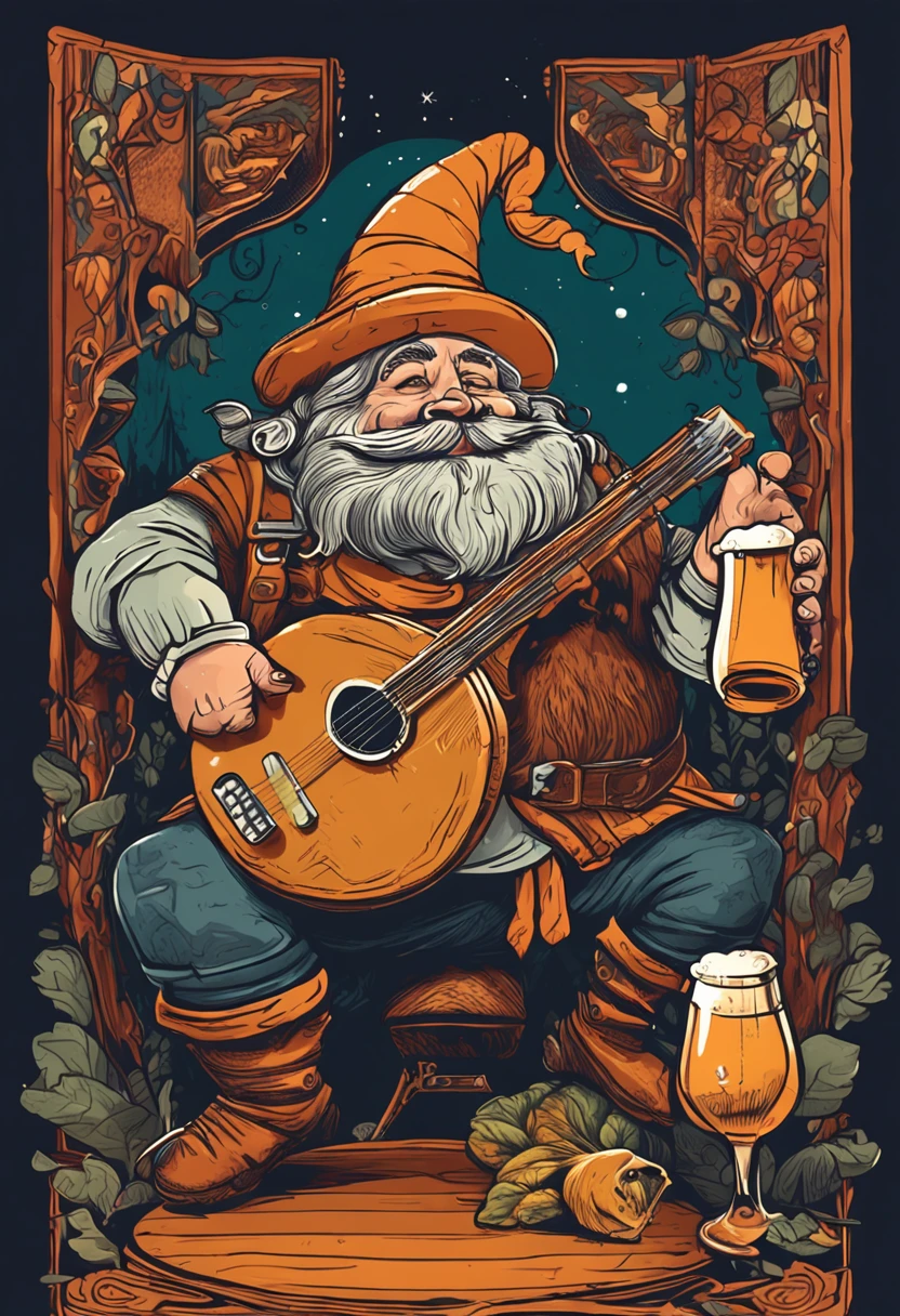 a dwarf drinking beer next to a gnome playing the lute