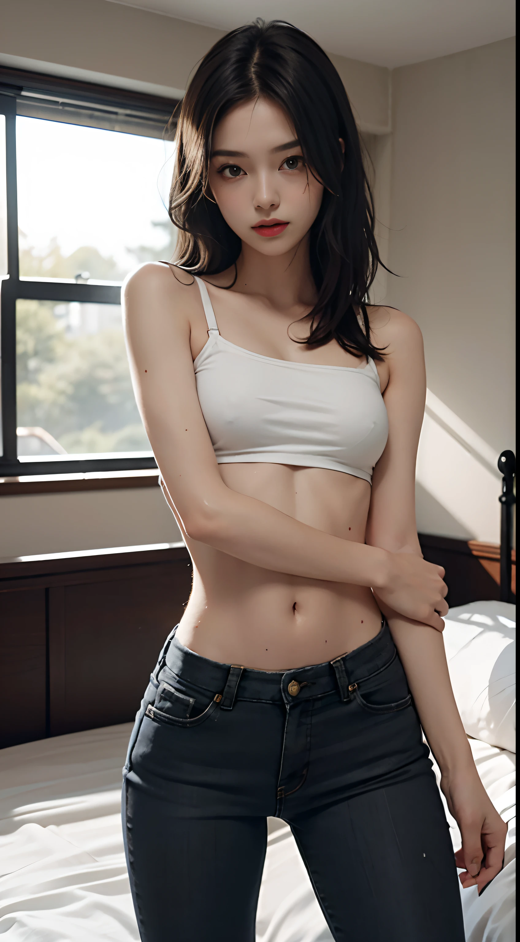 Girl in metal bra and tight denim skirt posing for photo, full body, with cropped T-shirt, bra, cropped black pants, slim body, small bust, sweat body, wet, slim girl model, 24 year old female model, laying on the bed,
