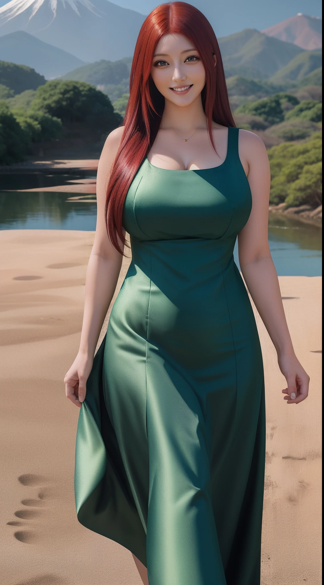 uzumaki_kushina, large_breasts, standing, solo, kushina_green_dress, masterpiece, best quality, detailed face, detailed eyes, highres, smile, Japanese milf
