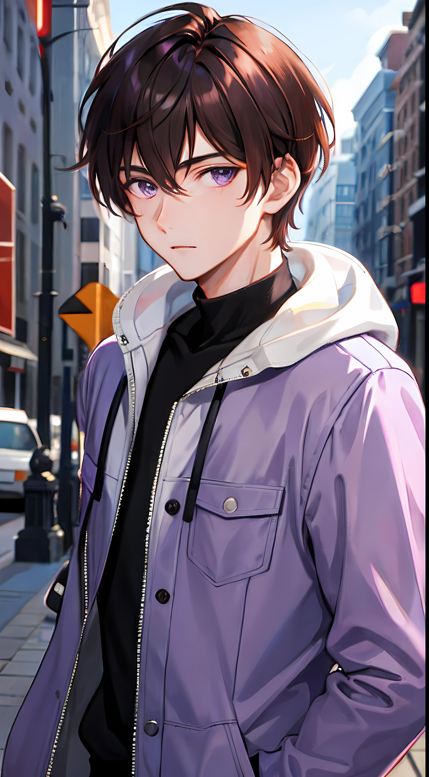 1 boy, handsome boy, brown hair, short hair, hair between eyes, street style,, shiny, purple eyes, looking at viewer, upper body, megazine cover