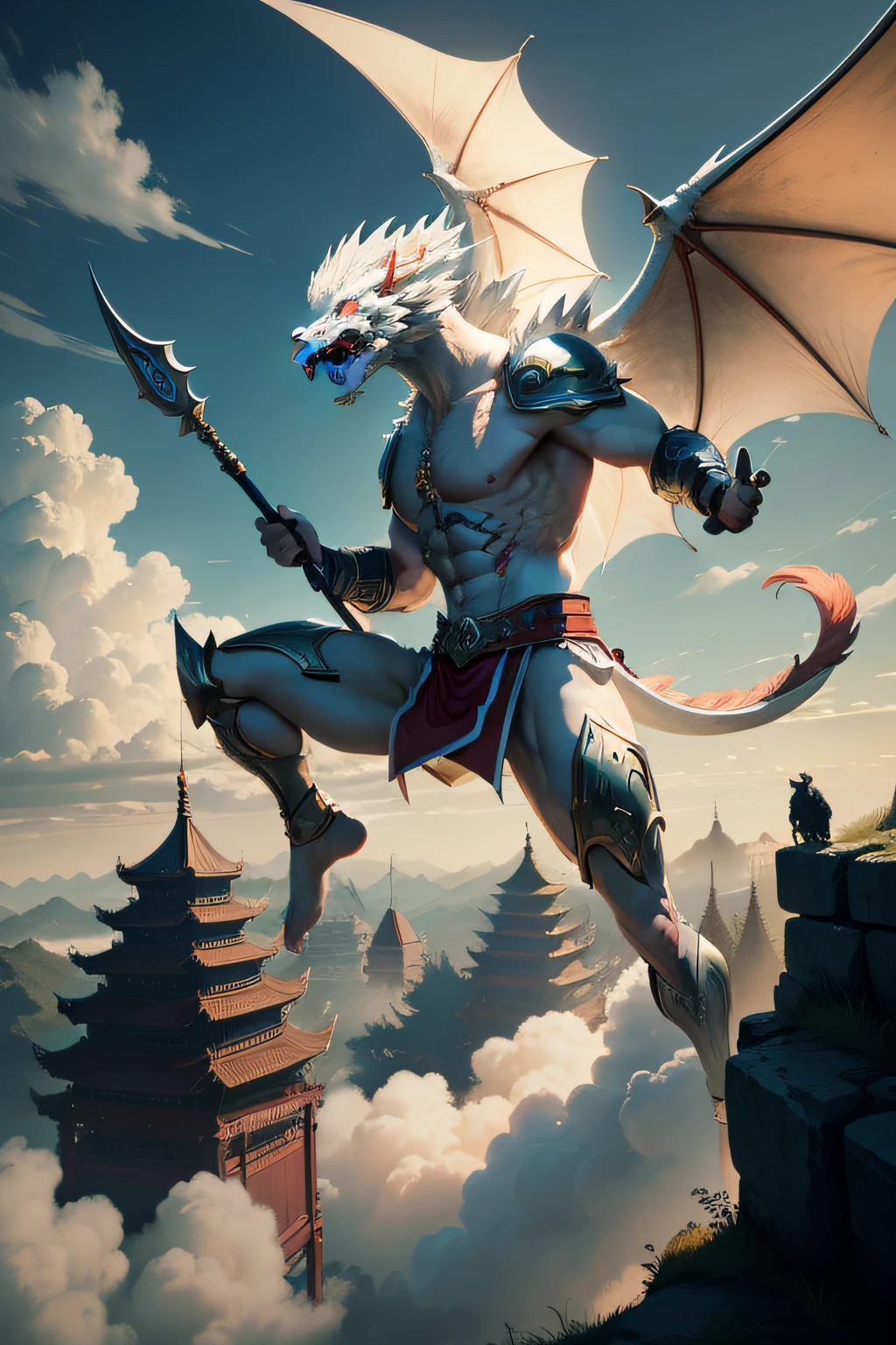 The Chinese White Divine Dragon soared into the air, (The boy manipulates the dragon:1.3), (The boy turned his back to the camera:1.3), Sky clouds surround the surroundings, Light magic, Fantastic background, Meaning background, Ridiculous background, There are artistic overlays, multicolored hair, god light, speed-line, angle of view, hyper HD, A high resolution, (Far view:1.3), period costume, armour, the god of war, Erlang God Yang Jian, Holding Fang Tian's halberd in his hand, Howling dogs, Cinematic wonderland, frontage, Skysky, Cloud fog, Behind the sky Chinese dragon, Chinese Ancient Architecture, glowing eyes, scowl, surrealism, Cinematic lighting, Ray tracing, backlighting, atmospheric perspective, wide shot, vanishing point, Surrealism, Fauvism, Masterpiece, Best quality, Super detail, High quality, 16k, UHD
