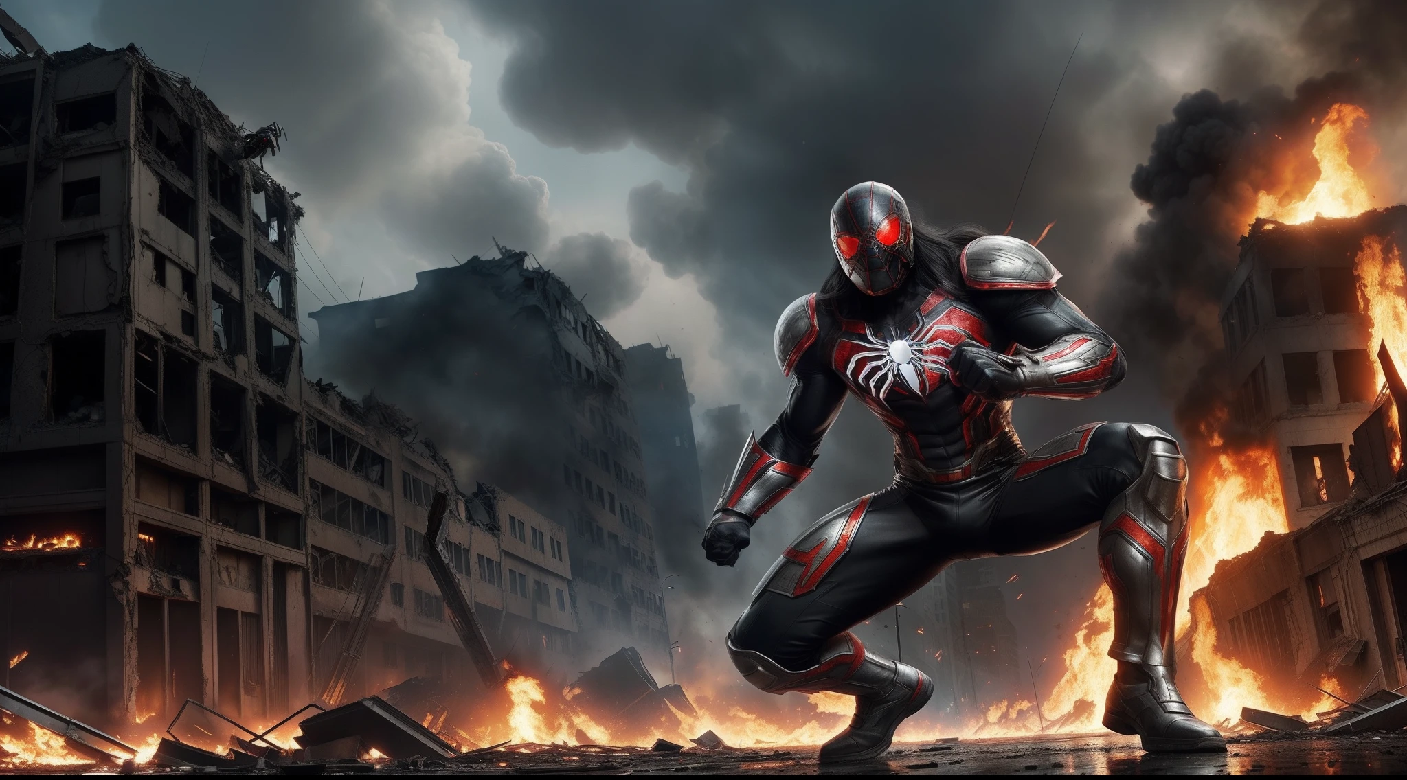 (maximum quality) male (super strong), (long black hair), fighting giant arachnids in a destroyed city, (born fighter), (metallic spiders attacking), metallic tech suit with blue and gray details (round red symbol on the chest), burning cars on decaying streets, burning buildings, crumbling buildings, shrapnel everywhere, helicopters in the skies