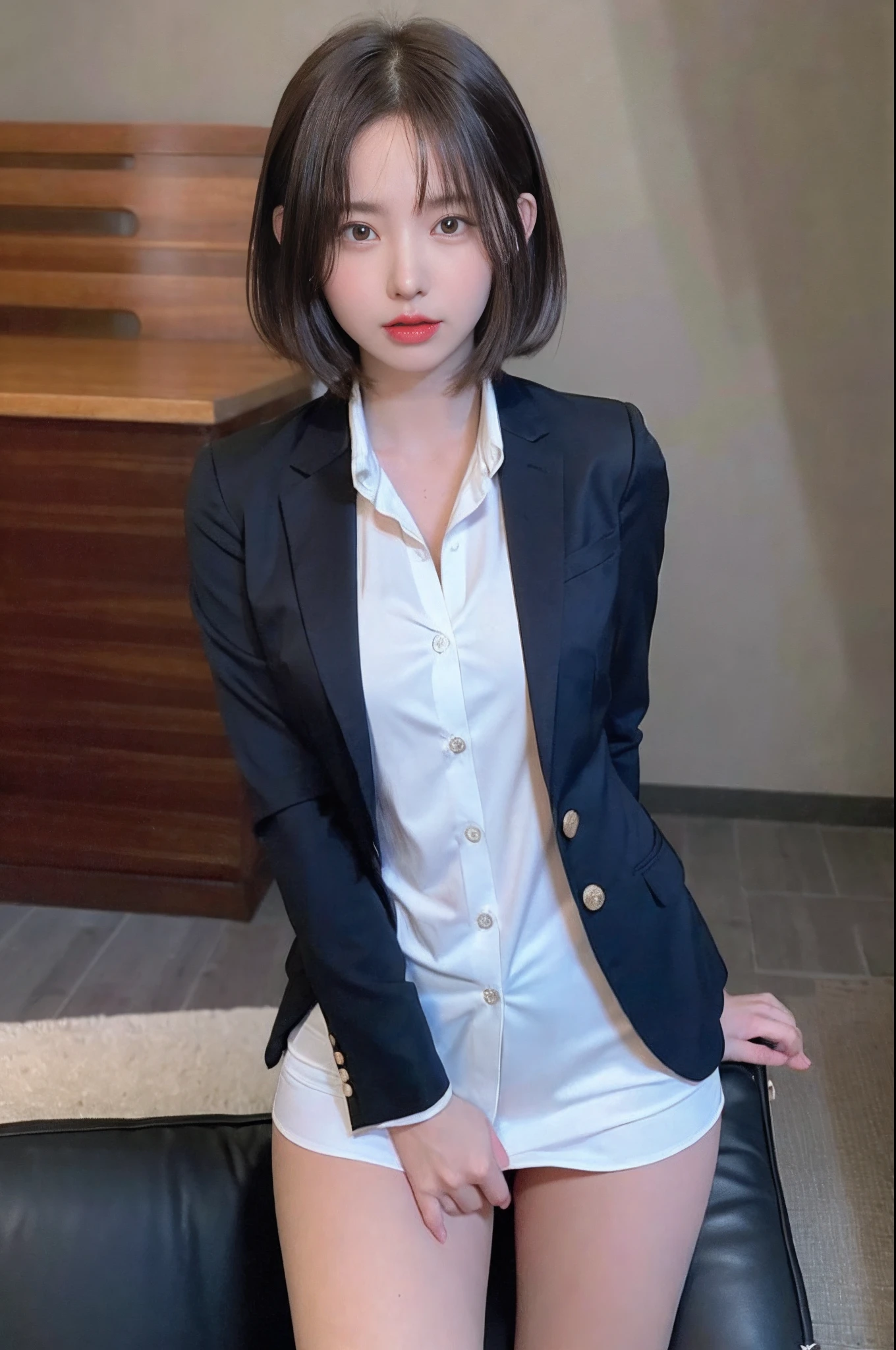 Top Quality, Photorealistic, 8K, High Definition, 1 Girl, Female, (1.8), School, Schoolgirl, Blazer, Uniform, Pubic hair visible, No panties, Skirt boldly pulled up, ((Sit in chair and legs wide open)), Bend your knees and open your legs, Slightly shorter hairstyle, Grab your knees with your hands to open your legs, Buttoned shirt flutters