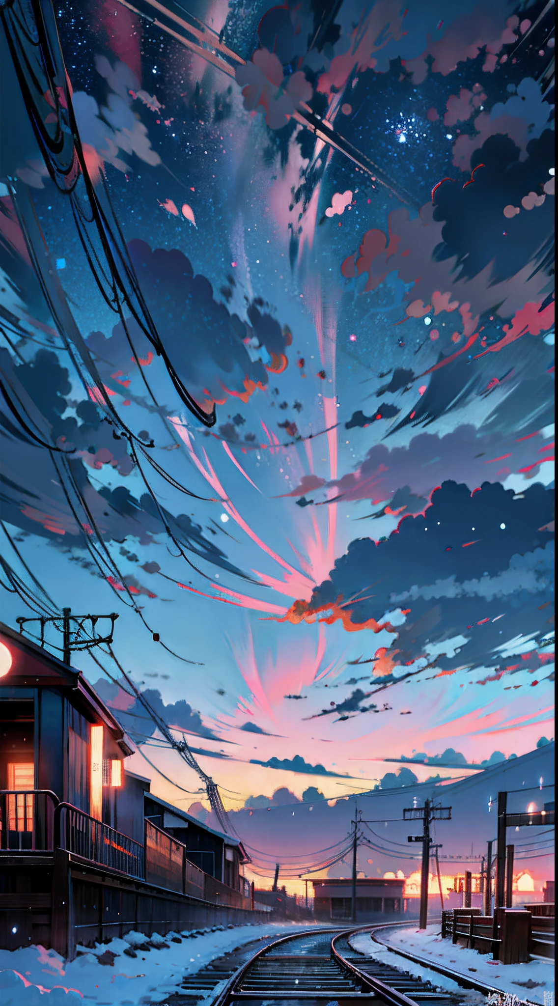 There is a train running along the tracks in the snow, Anime Sky, Anime art wallpaper 8 K, Anime art wallpaper 4 K, Anime art wallpaper 4k, Anime wallpaper 4K, Anime wallpaper 4 k, Anime Cloud, Anime background art, 4K anime wallpaper, Cosmos Sky. By Makoto Shinkai, anime backgrounds, beautiful anime scenes
