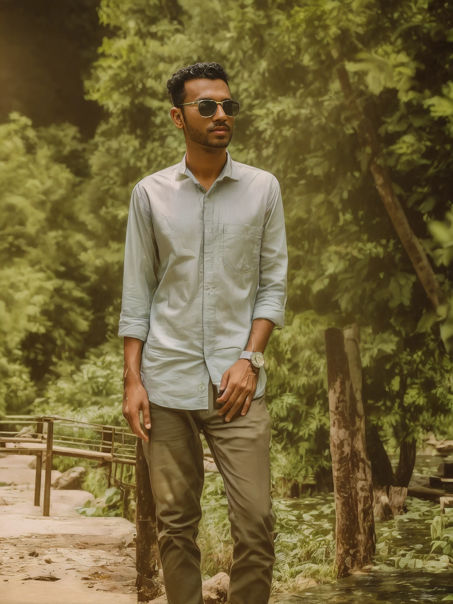 arafed man in sunglasses standing on a sidewalk next to a pond, with a cool pose, mohamed chahin style, jayison devadas style, full body photogenic shot, in front of a forest background, with accurate face, riyahd cassiem, jayison devadas, full body picture, cool pose, candid picture, assamese aesthetic