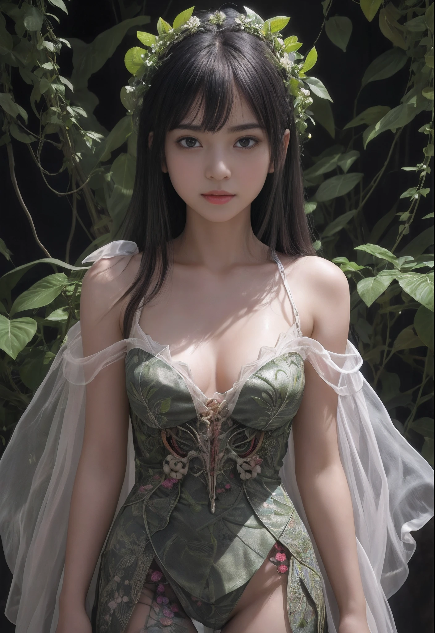 of the highest quality, masutepiece, Ultra High Resolution, (Photorealistic: 1.4), Raw photo, 1 Biopunk Girl, Black hair, Glossy skin, 1 bioGirl, (super realistic details)), Full body, Global Illumination, Contrasty, shadowy, Octane Rendering, 8K, ultrasharp, Cleavage exposed, Raw skin, plants, Intricate decoration details, Japan details, high intricate detailed, Realistic light, Trends in CG, Facing the camera, neon details, biological limbs, blood vessels connected to plants, Biopunk vertebrae attached to the back, bioMechanical cervical attachment to the neck, sexy pose, plants and vines connecting to the head, Gundam, Small floral lamps.18 years old girl、silber hair、Perfectly round pupils、Tremendous irisディテール, light smile, Biopunk, intricate floral background, dynamic