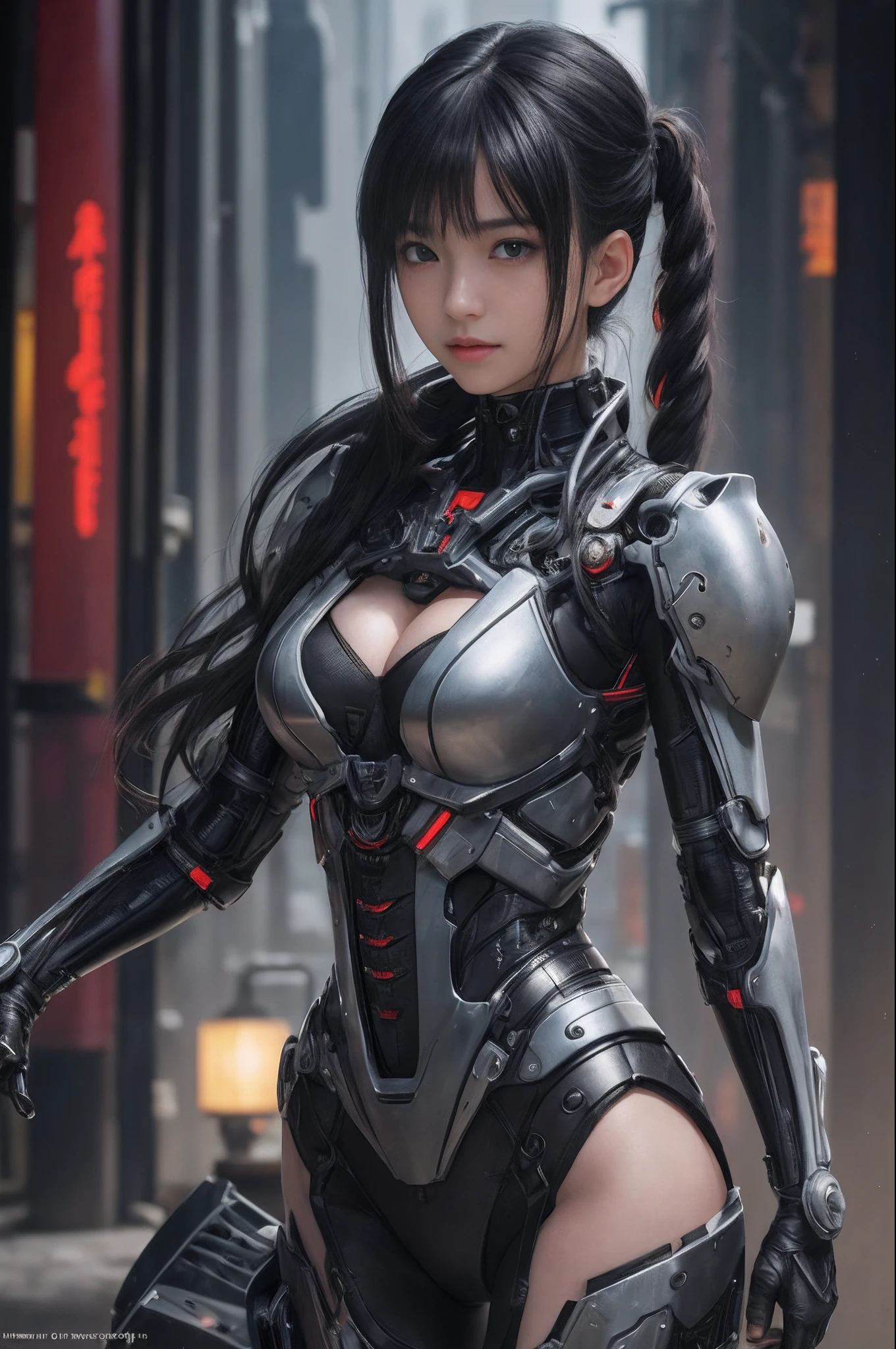 of the highest quality, masutepiece, Ultra High Resolution, (Photorealistic: 1.4), Raw photo, 1 Cyberpunk Girl, Black hair, Glossy skin, 1 Mechanical Girl, (super realistic details)), Full body, Global Illumination, Contrasty, shadowy, Octane Rendering, 8K, ultrasharp, Cleavage exposed, Raw skin, Metal, Intricate decoration details, Japan details, high intricate detailed, Realistic light, Trends in CG, Facing the camera, neon details, Mechanical limbs, blood vessels connected to tubes, Mechanical vertebrae attached to the back, Mechanical cervical attachment to the neck, Wires and cables connecting to the head, Gundam, Small LED lamps.18 years old girl、silber hair、Perfectly round pupils、Tremendous irisディテール, light smile, dynamic, dancing, dynamic light