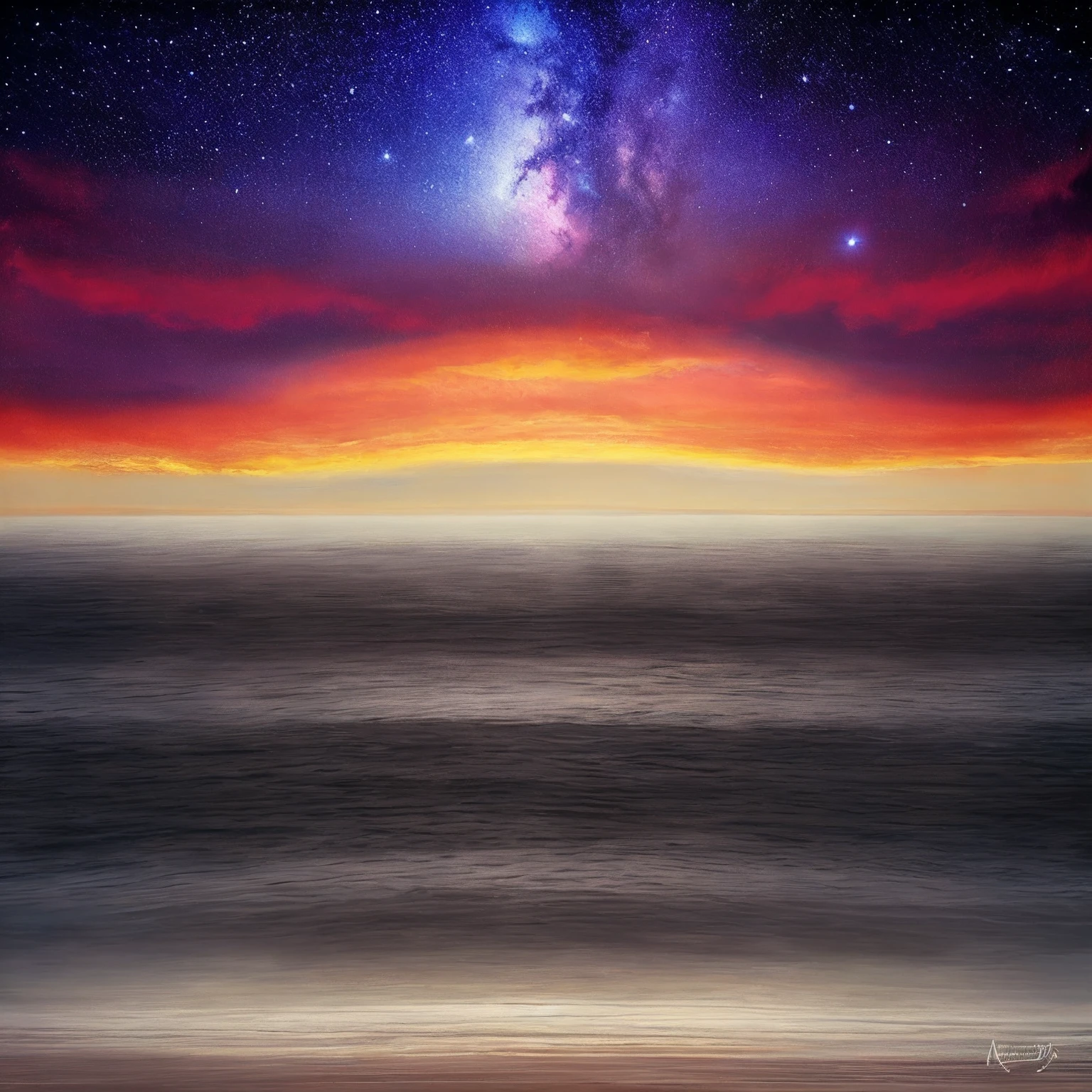 A painting of a colorful sky and a sky full of stars, sunny rainbow galaxy stormy sea, Magnificent background, nebula sunset, interstellar stormy bright sky, luminous sky, space sky, Milkyway Sky, Cosmos Sky, the night sky is a sea, Colorful sky, Fractal sky, ocean pattern and night sky, Colorful night sky, milky ways, Exotic endless horizon, chaotic sea setting