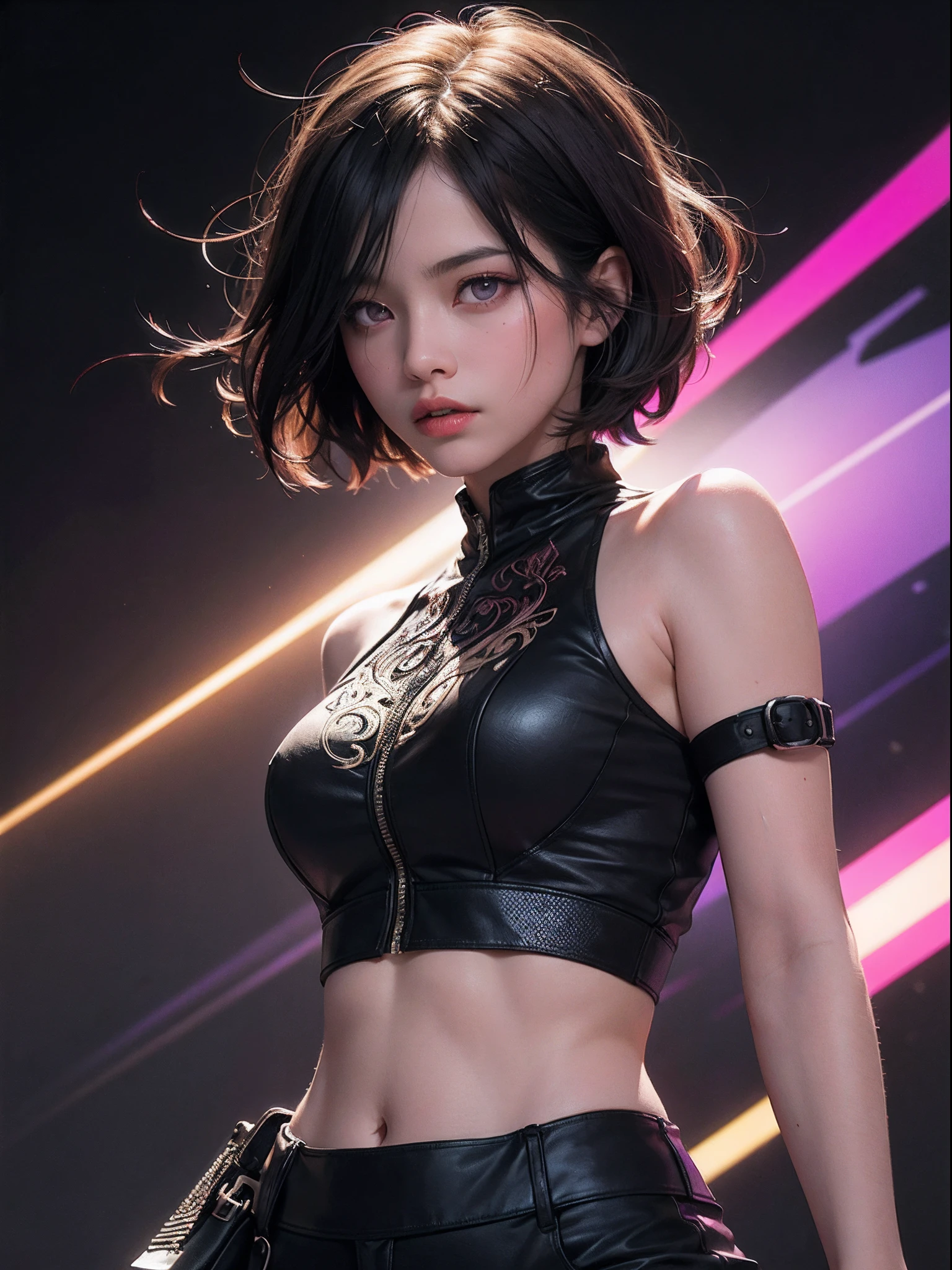 Unbeatable masterpiece, Ultra photo realsisim, Perfect artwork, Intricate details, Best quality, Strong light,High contrast, Dynamic pose,1girl , solo , solo focus , black hair , pink eyes, glowing eyes , short hair , covering one eye, dark background ,gradient background , laser reflectiveclothing ,midrif navel , closed mouth ,looking ahead ,