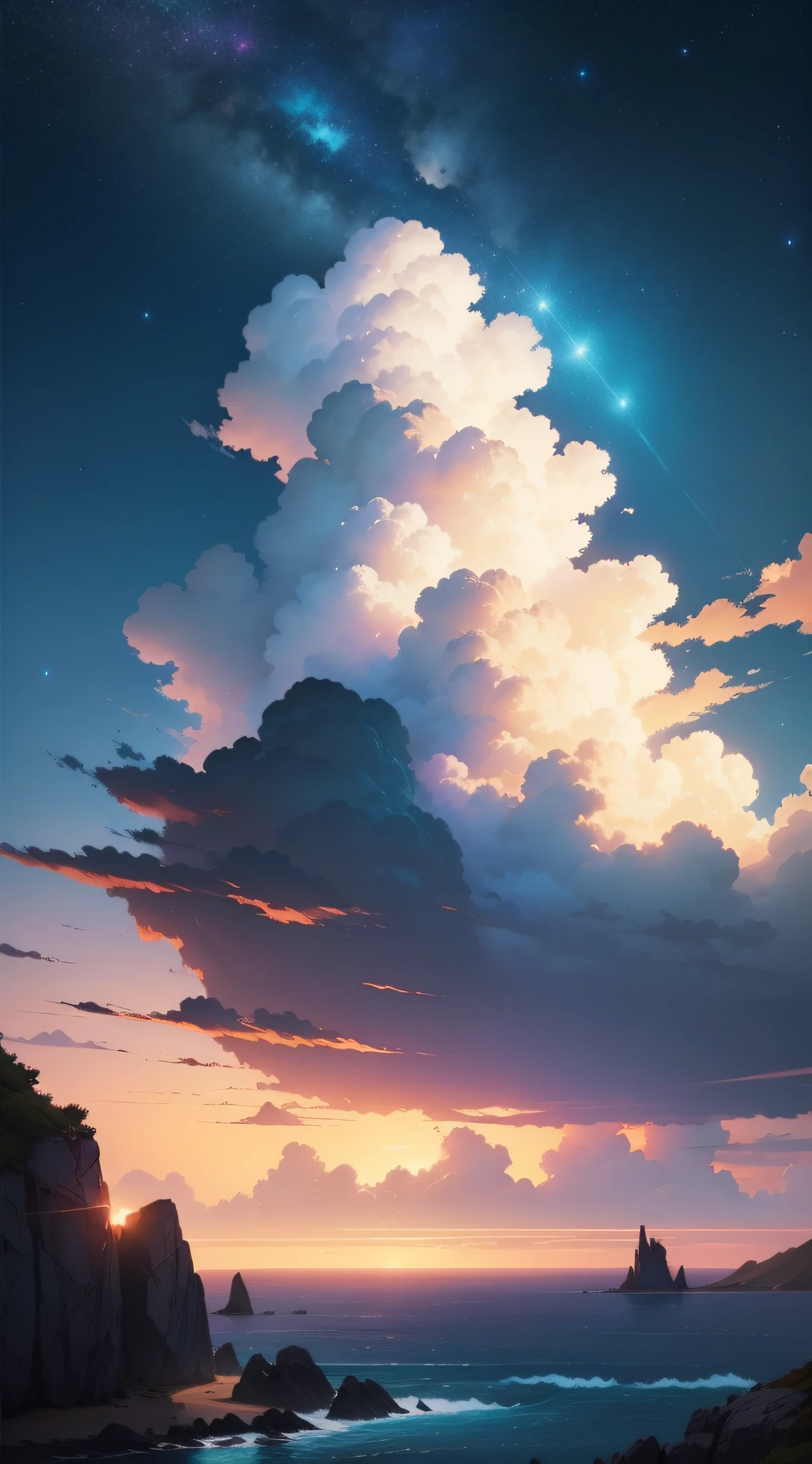 no human figures、Landscape only、Evening glow、shimmer、There is a painting of the sky with clouds and stars, Cosmos Sky. by makoto shinkai, Anime Sky, Blue Sea. by makoto shinkai, Anime Cloud, style of makoto shinkai, by Ross Tran. scenery background, in the style of makoto shinkai, By Shinkai Makoto. - H 2160, beautifull puffy clouds.