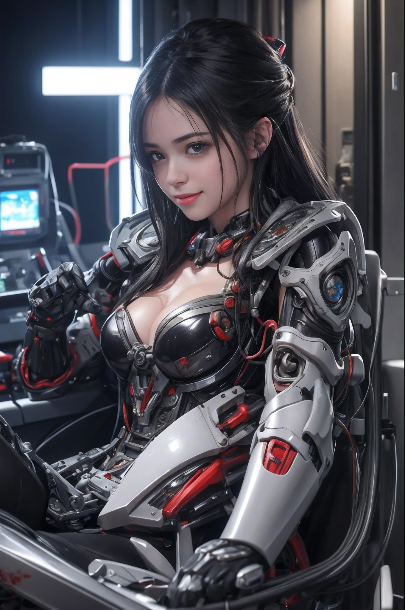 of the highest quality, masutepiece, Ultra High Resolution, (Photorealistic: 1.4), Raw photo, 1 Cyberpunk Girl, Black hair, Glossy skin, 1 Mechanical Girl, (super realistic details)), Full body, Global Illumination, Contrasty, shadowy, Octane Rendering, 8K, ultrasharp, Cleavage exposed, Raw skin, Metal, Intricate decoration details, Japan details, high intricate detailed, Realistic light, Trends in CG, Facing the camera, neon details, Mechanical limbs, blood vessels connected to tubes, Mechanical vertebrae attached to the back, Mechanical cervical attachment to the neck, Wires and cables connecting to the head, Gundam, Small LED lamps.18 years old girl、silber hair、Perfectly round pupils、Tremendous irisディテール, light smile, dynamic