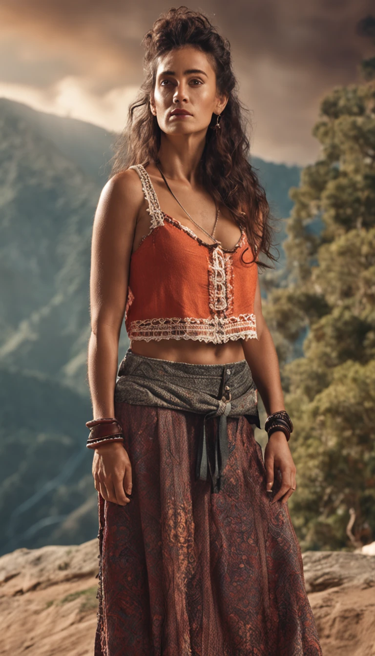 Hermosa joven morena con rulos, argentina, Standing on stage at a folk recital, Llevar una remera sin mangas con tirantes con el texto "Folclore Anuritay" impreso, Clothes in rustic colors, vaqueros, hipy, in front of camera, realista, Detalles de gran intrincado, (obra maestra ), 32K