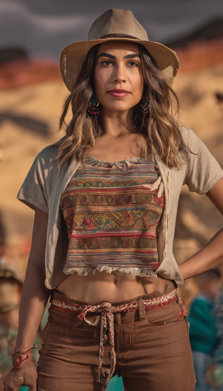 Hermosa joven morena con rulos, argentina, Standing on stage at a folk recital, Llevar una remera sin mangas con tirantes con el texto "Folclore Anuritay" impreso, Clothes in rustic colors, vaqueros, hipy, in front of camera, realista, Detalles de gran intrincado, (obra maestra ), 32K