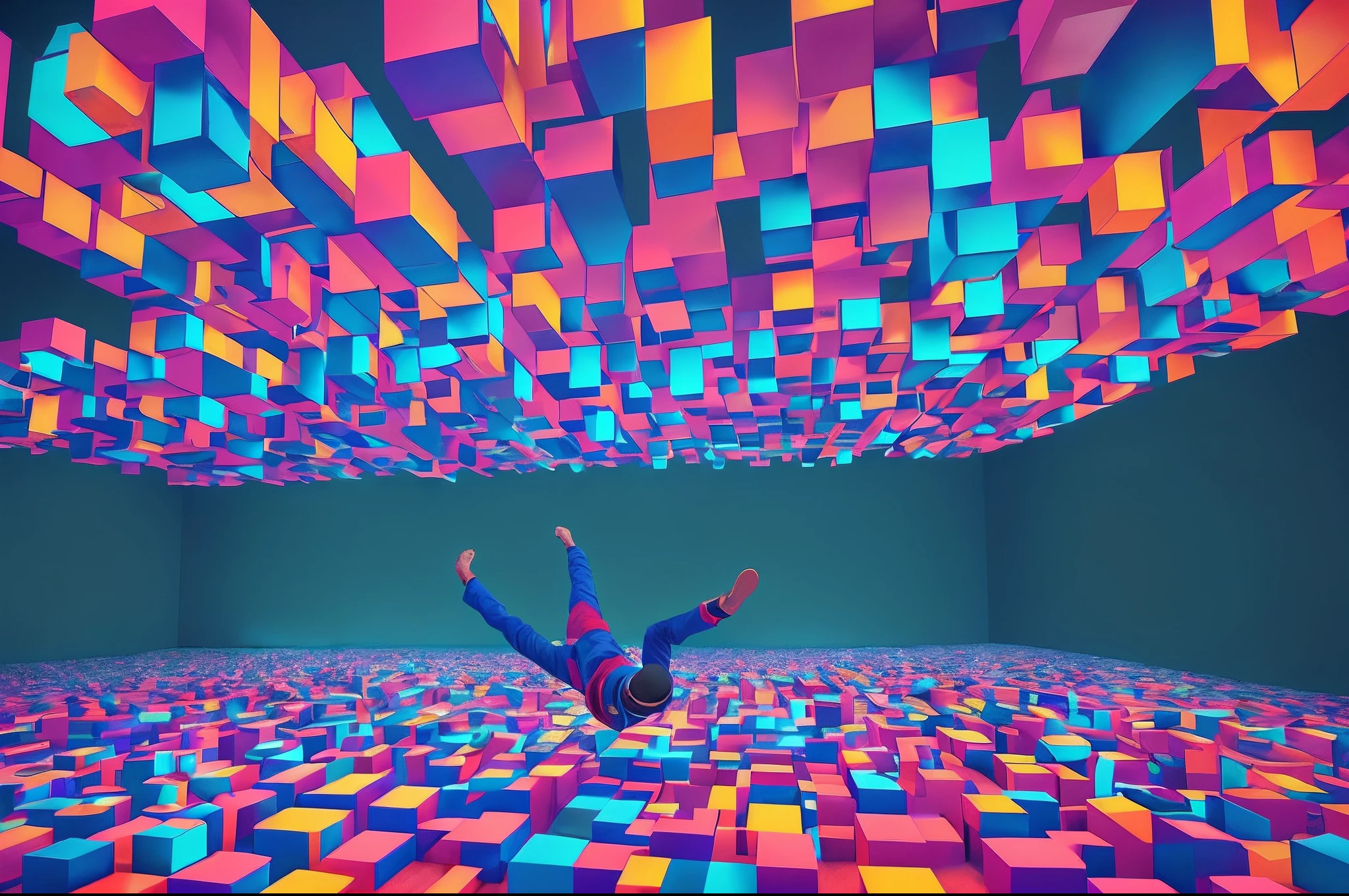 An African boy falling in a room full of, a bunch of cubes with a light on them, abstract blocks, with iridescent light, highly detailed images, vibrant beautiful colours, photorealistic image, 8k, ultra HD, unreal engine rendered, cinematic lighting, artgerm style, --auto --s2