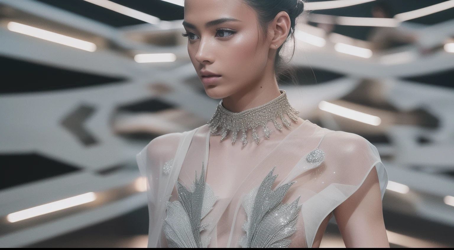 Raw photo, fashion modell, walking down the runway, futuristic style, (Photorealsitic:1.5), (Raw photo, 8K UHD, Film grain), Extremely delicate and beautiful, hight resolution, Sharp Focus, Extremely detailed, masutepiece, Cinematic lighting, (High detailed skin:1.2), Digital SLR, Soft lighting, High quality, Film grain, FUJI XT3