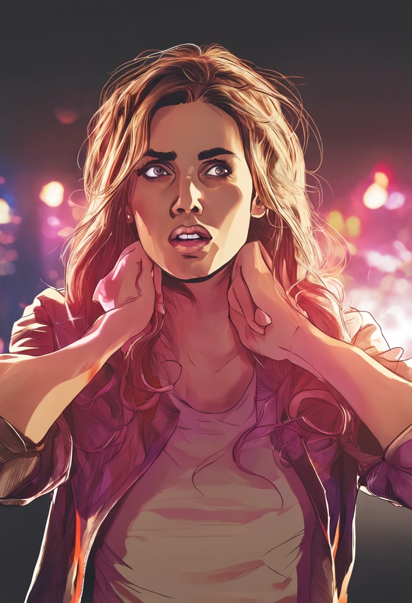 woman pulling her hair with her hands desperately wide eyes shocked expression on her face