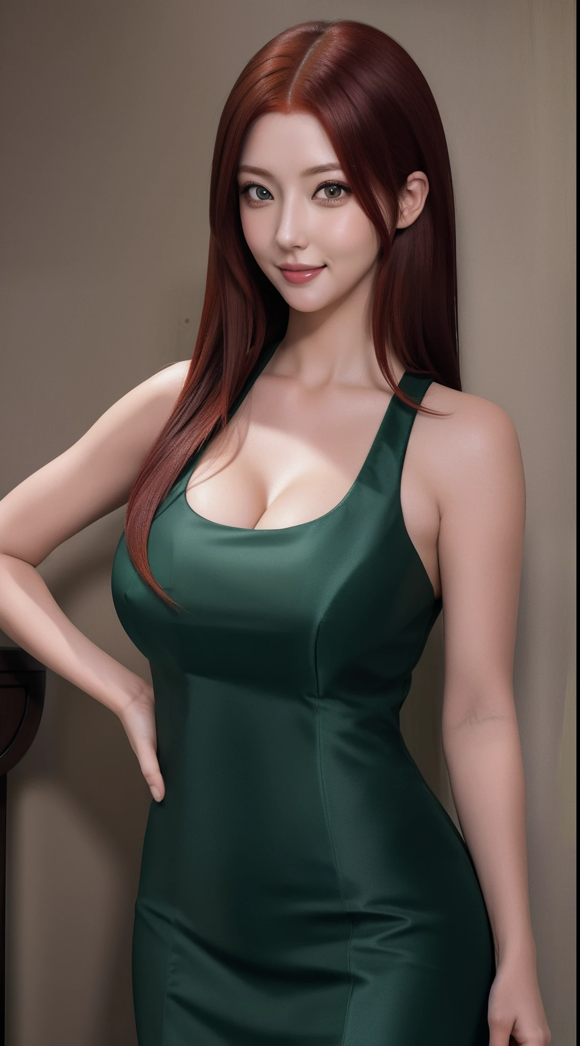 uzumaki_kushina, large_breasts, standing, solo, kushina_green_dress, masterpiece, best quality, detailed face, detailed eyes, highres, smile, Japanese milf