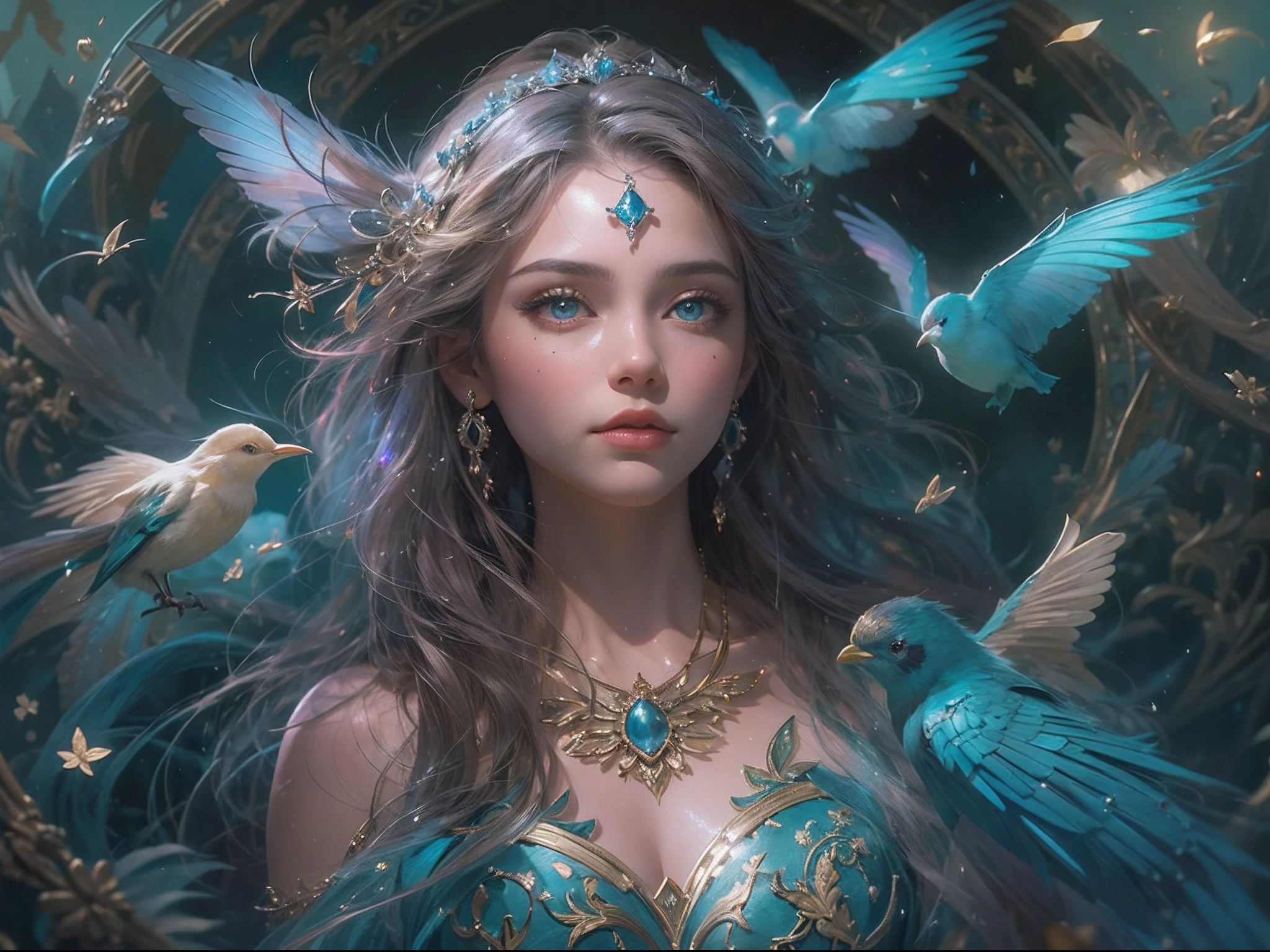 (((masterpiece))), (((best quality))), ((ultra-detailed)),(highly detailed CG illustration), ((extremely delicate and beautiful)) Create a stunning fantasy artwork that mimics the style of currently trending masters of the genre. The art piece should contain elements of both mythic fantasy and fairytale fantasy with (watercolor accents in shades of blue, pink, and purple). Generate a delicate but strong figure with an aura of mystery and magic and stunningly realistic eyes. The character should be petite with subtle breasts. Pay close attention to intricate facial features, such as mesmerizing eyes with vibrant colors and delicate shading. The character's clothing should be designed with gossamer feathers, silk, stunning embroidery, and subtle iridescent details. Incorporate vibrant colors, dynamic lighting, and detailed background elements to create a sense of awe and immersion. Include colorful flying magical birds and jewel-toned butterflies radiating a magical aura. Consider the latest trends in fantasy art, such as incorporating unique lighting effects, exploring dynamic and compelling composition techniques, and experimenting with unique color palettes. Take inspiration from the top artists on ArtStation and Midjourney. Camera: Choose an angle that highlights the character's beauty and enhances the magical majesty of the artwork. Lighting: Utilize atmospheric lighting techniques to create depth and mood. Resolution: Aim for a high-resolution artwork to showcase intricate details and clarity. Art Inspirations: Seek inspiration from the trending artists on ArtStation, exploring different styles, genres, and themes.