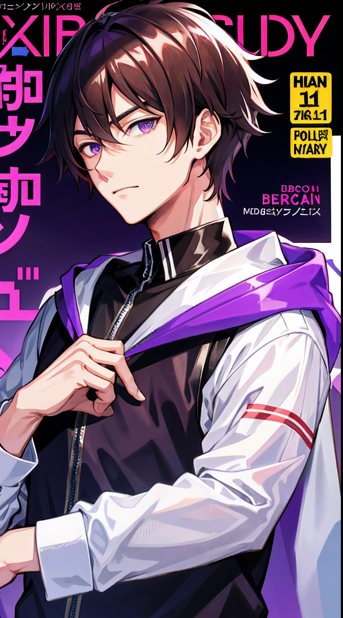virtual_youtuber, 1 boy, handsome boy, brown hair, short hair, hair between eyes, street style,, shiny, purple eyes, looking at viewer, upper body, megazine cover
