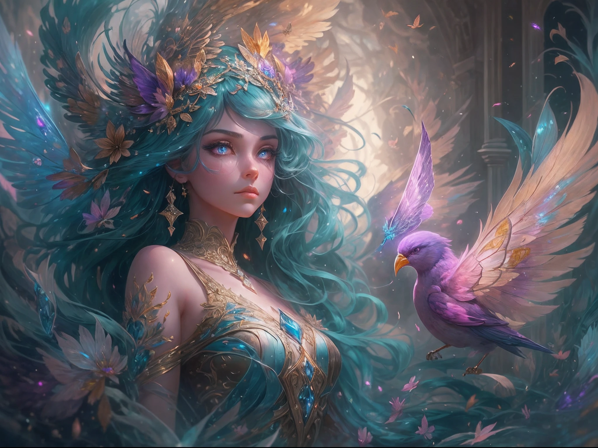 (((masterpiece))), (((best quality))), ((ultra-detailed)),(highly detailed CG illustration), ((extremely delicate and beautiful)) Create a stunning fantasy artwork that mimics the style of currently trending masters of the genre. The art piece should contain elements of both mythic fantasy and fairytale fantasy with (watercolor accents in shades of blue, pink, and purple). Generate a delicate but strong figure with an aura of mystery and magic and stunningly realistic eyes. The character should be petite with subtle breasts. Pay close attention to intricate facial features, such as mesmerizing eyes with vibrant colors and delicate shading. The character's clothing should be designed with gossamer feathers, silk, stunning embroidery, and subtle iridescent details. Incorporate vibrant colors, dynamic lighting, and detailed background elements to create a sense of awe and immersion. Include colorful flying magical birds and jewel-toned butterflies radiating a magical aura. Consider the latest trends in fantasy art, such as incorporating unique lighting effects, exploring dynamic and compelling composition techniques, and experimenting with unique color palettes. Take inspiration from the top artists on ArtStation and Midjourney. Camera: Choose an angle that highlights the character's beauty and enhances the magical majesty of the artwork. Lighting: Utilize atmospheric lighting techniques to create depth and mood. Resolution: Aim for a high-resolution artwork to showcase intricate details and clarity. Art Inspirations: Seek inspiration from the trending artists on ArtStation, exploring different styles, genres, and themes.