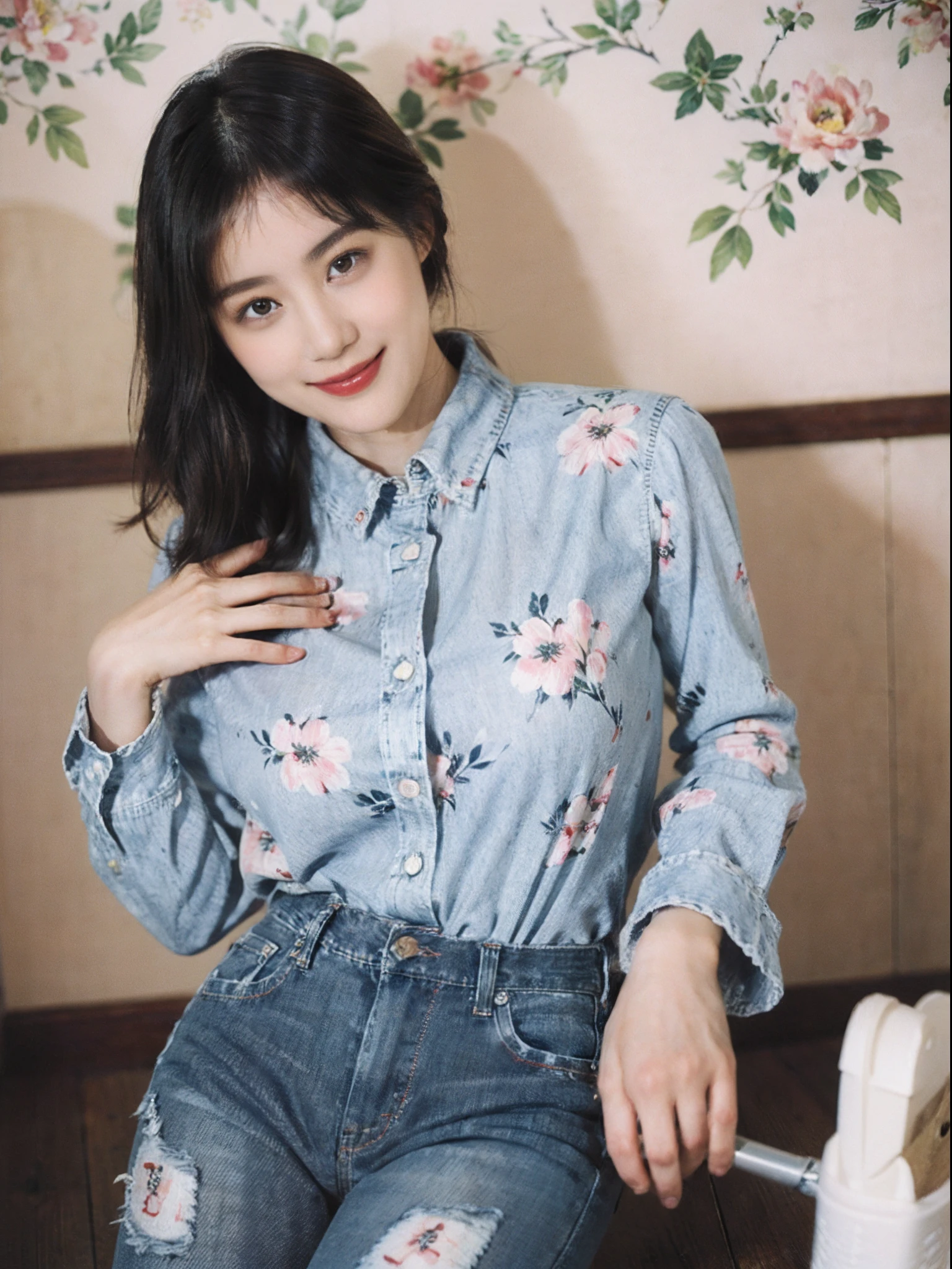 (masutepiece)、((High-quality photos))、ultra-detailliert、((1beautiful woman))、((Jeans - Wear jeans))、((Long sleeve shirt with floral pattern))、((Black Shorthair))、((A slight smil)))、((Breast))、paprika、Large room、cleaning