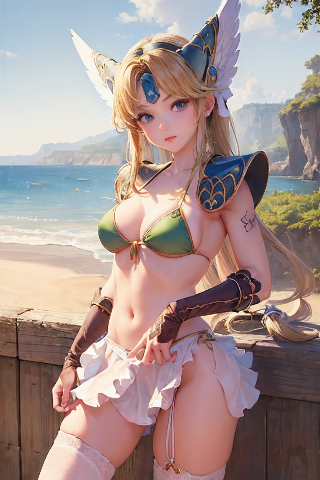 (​masterpiece、top-quality:1.2), cowboy  shot, 独奏, 1girll, Leeds, Estrus look, Look at viewers, long hair with low knots, Winged helmet, doress, (((bikini-armor)))、bridal gauntlets, cleavage of the breast、(((Stockings)))、((Opening legs))、((a miniskirt))、(tattoo below the navel)