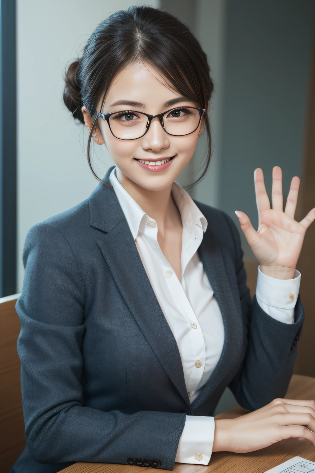 1 woman, archaic smile, right hand up, waving goodbye, half updo, glasses, business jacket, white blouse, ribon tie, receptionist, small breasts, cowboy shot, in office, photograph,photorealistic,realistic,8k,highres,cinemagraph,
