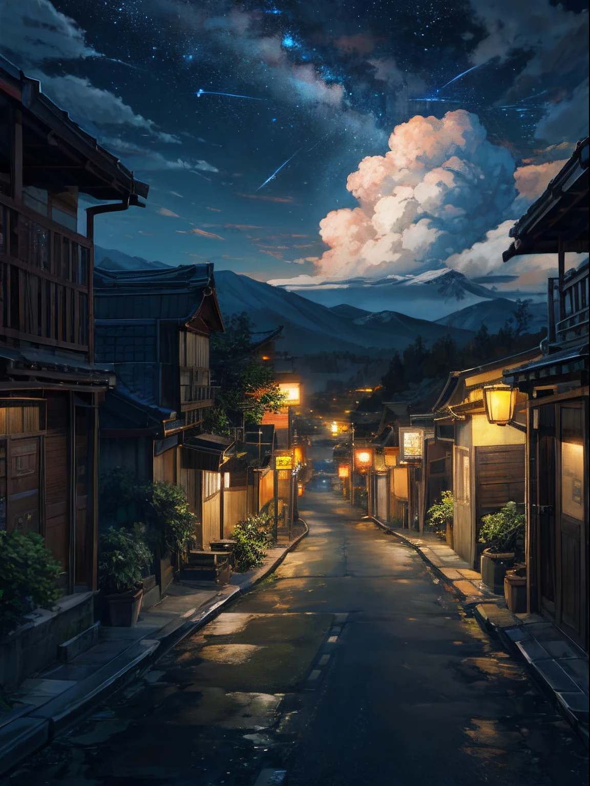 clouds,The road down the mountain,straight,Duan,pathway, starrysky,during night, Moonshine fragrance