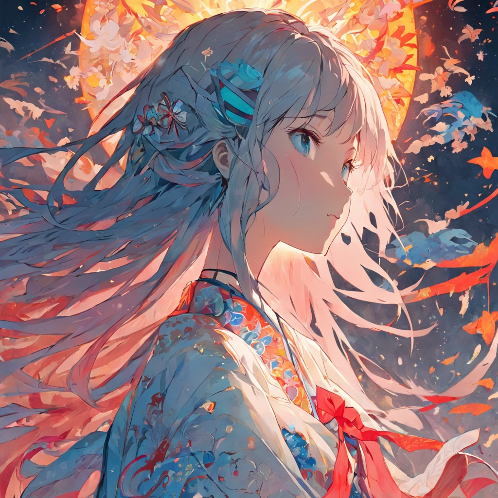 (White background:1.4),(Silhouette of a girl, Smiled, Colorful long hair, Oriental elements)，(Chinese Illustration:1.3，paper art:1.3, Quilted Paper Art:1.2),( Reasonable design, Clear lines, High Sharpness,Best Quality, Very detailed, masutepiece, Movie Light Effects, 4K )